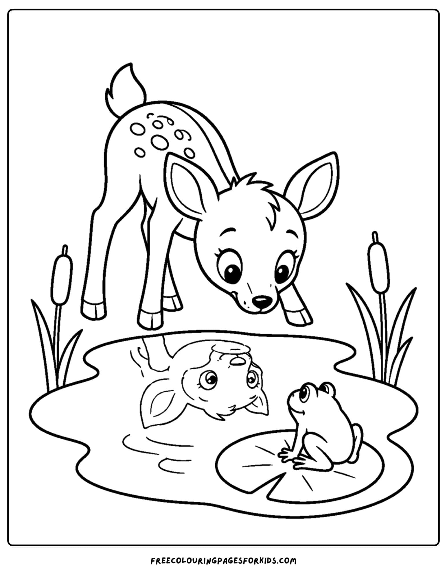 a coloring page of a deer looking at a frog on a pond
