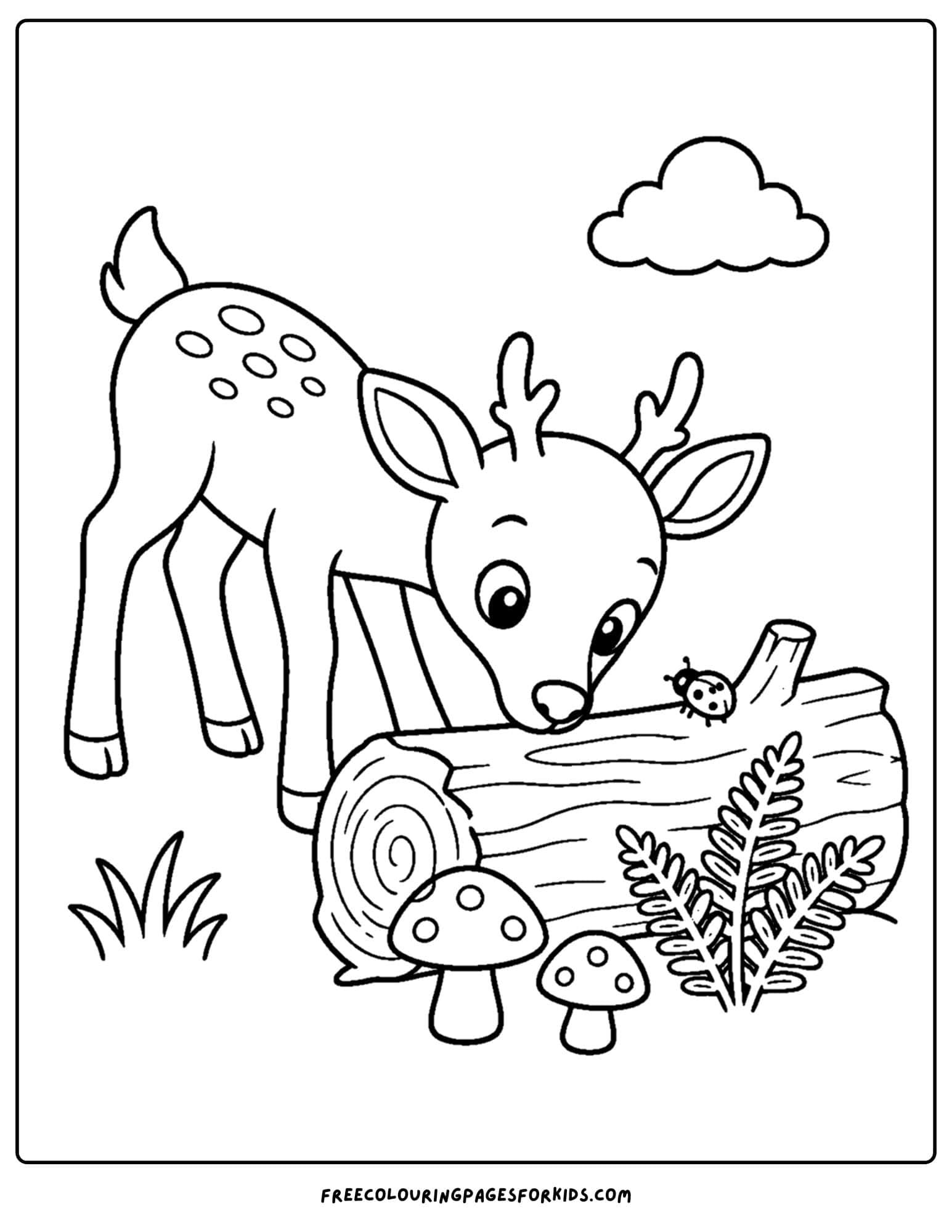 a coloring page of a deer sniffing a fallen log