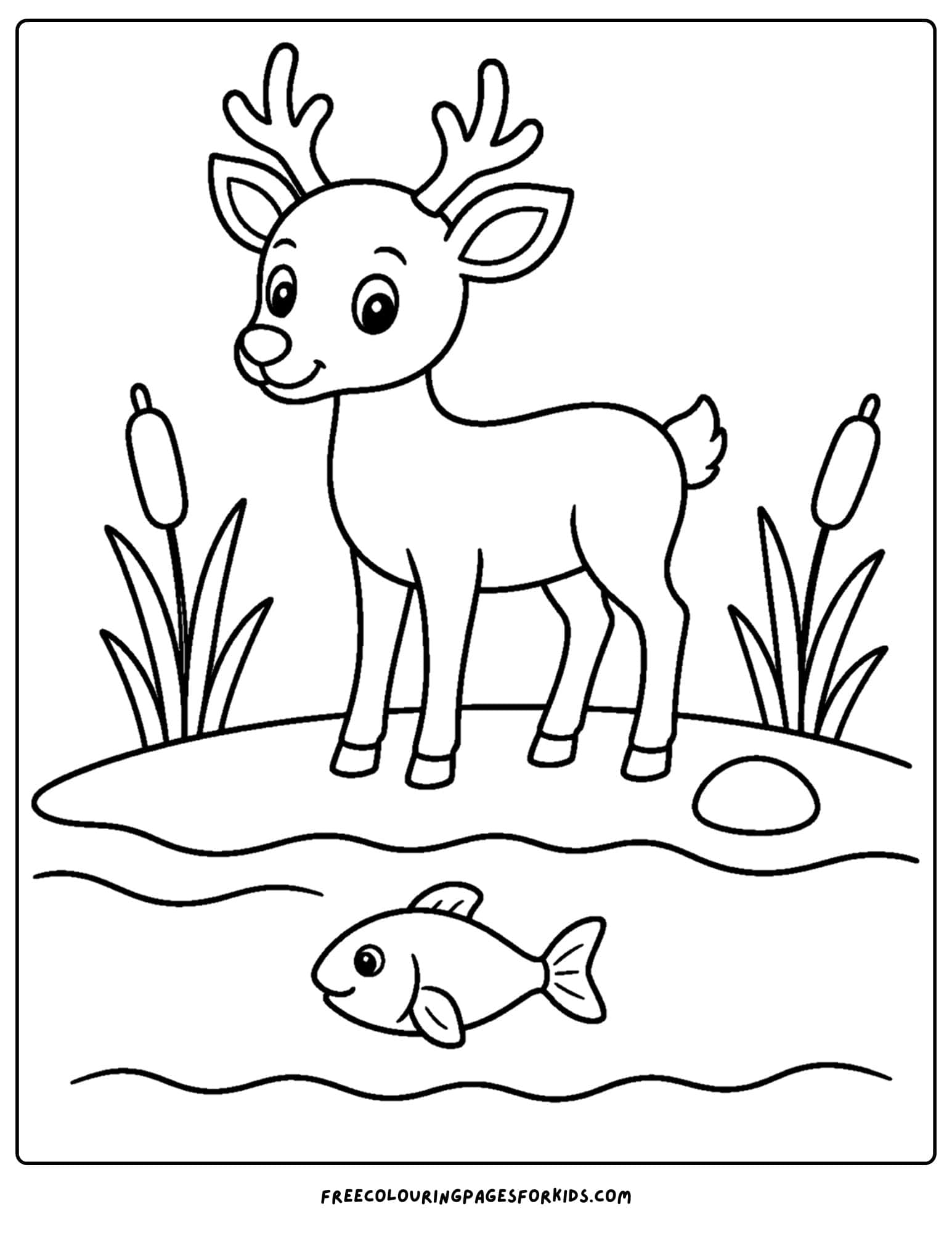 a coloring page of a deer standing on a riverbank