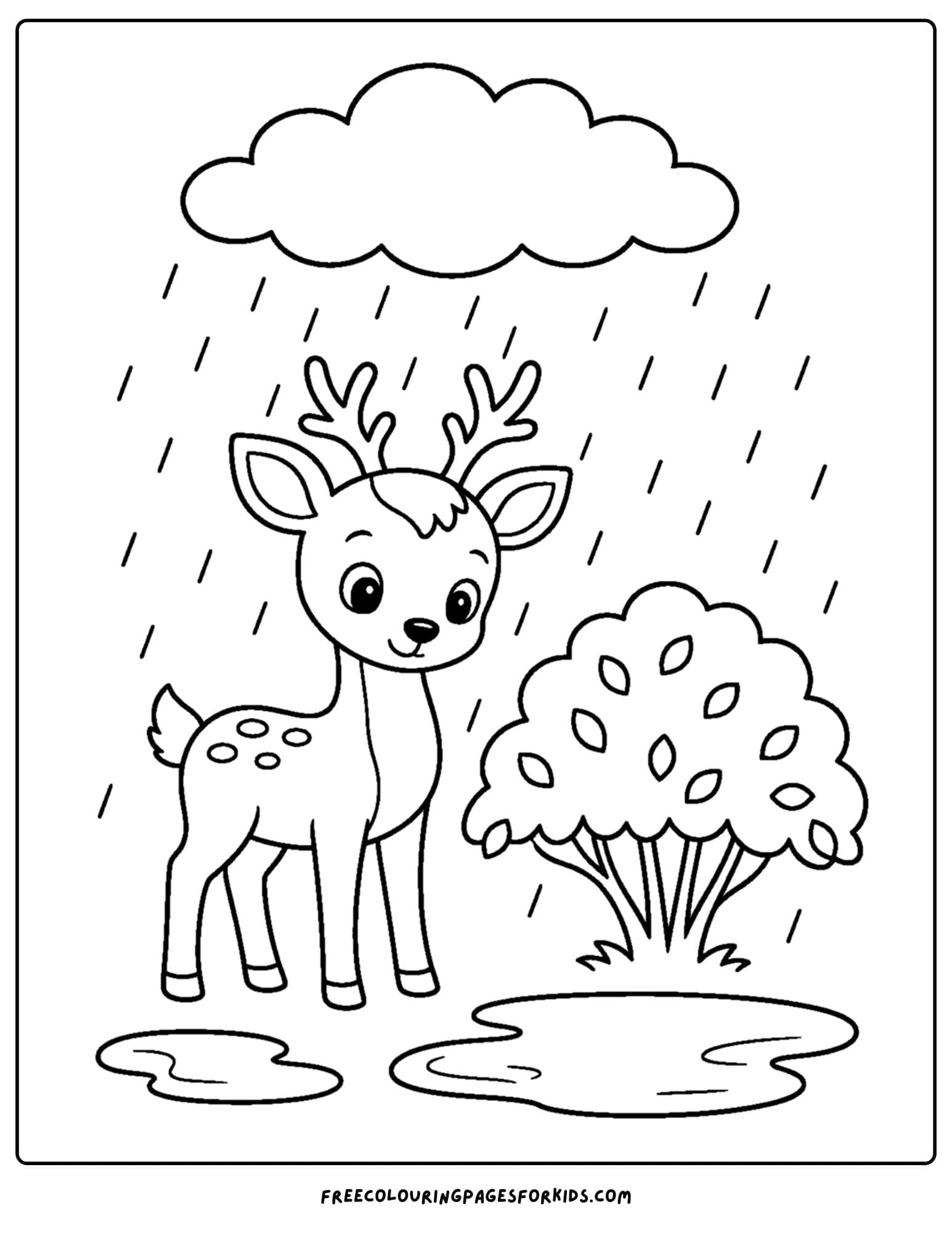 a coloring page of a deer standing in the rain