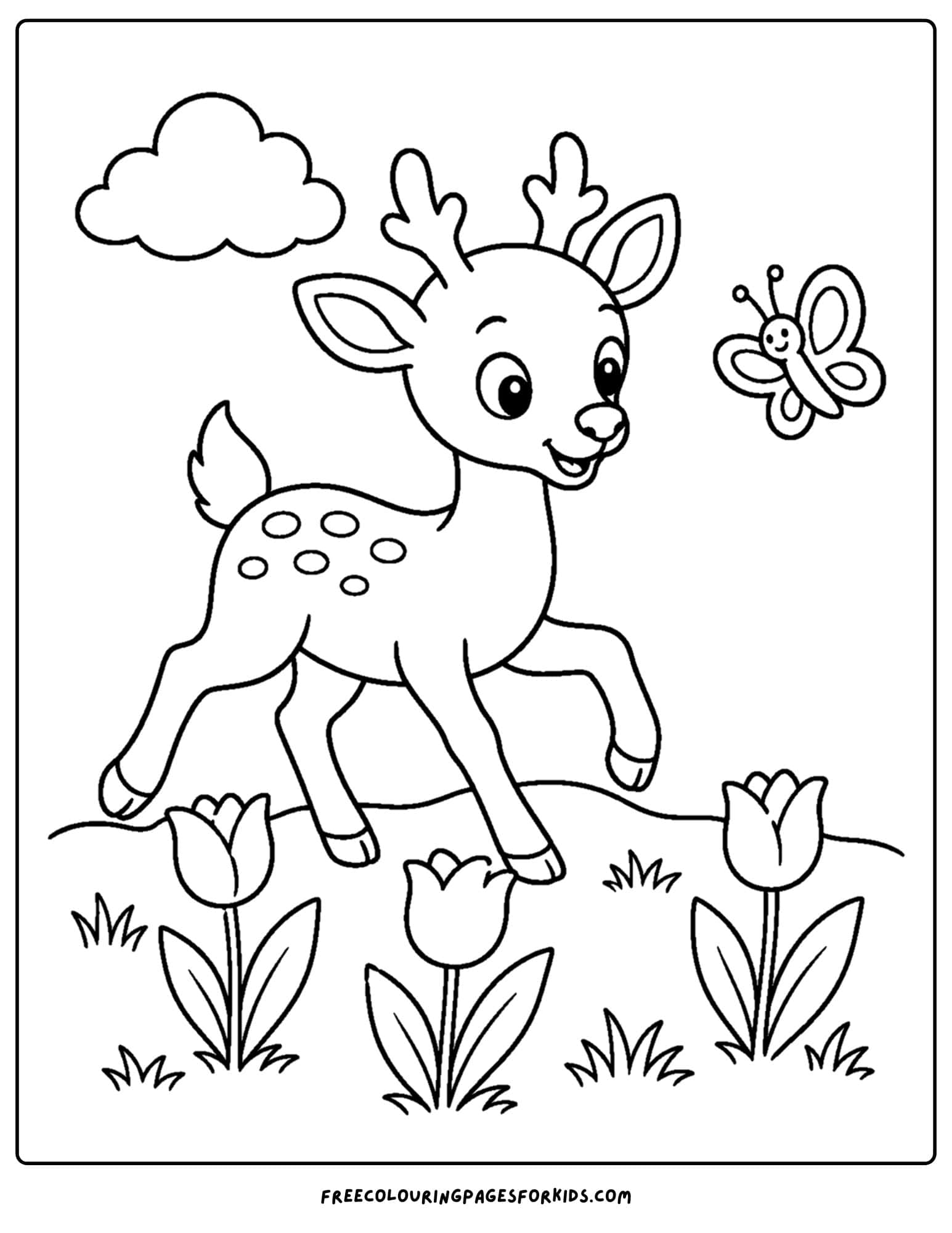 a coloring page of a deer trotting through a meadow