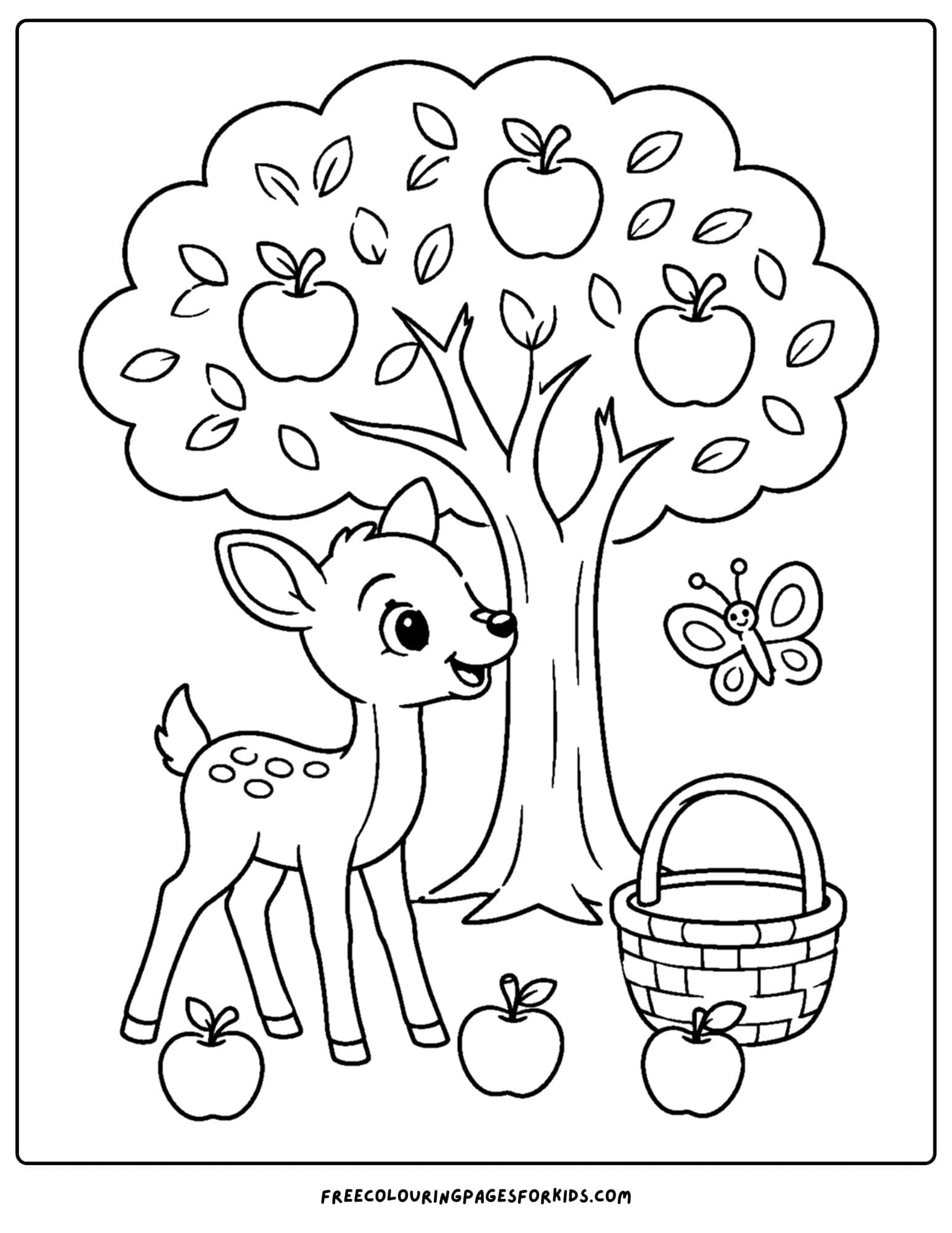 a coloring page of a deer standing under an apple tree
