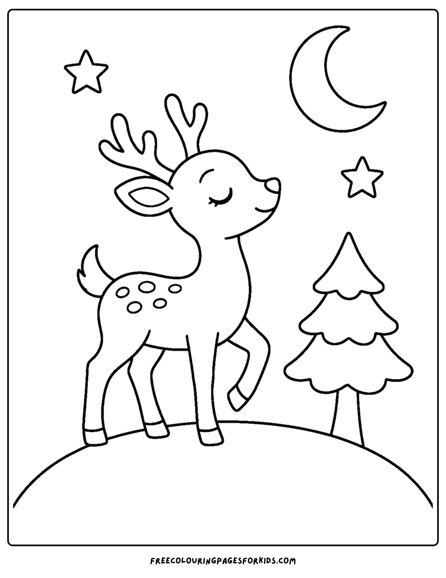 a coloring page of a deer standing on a hill under the moonlight