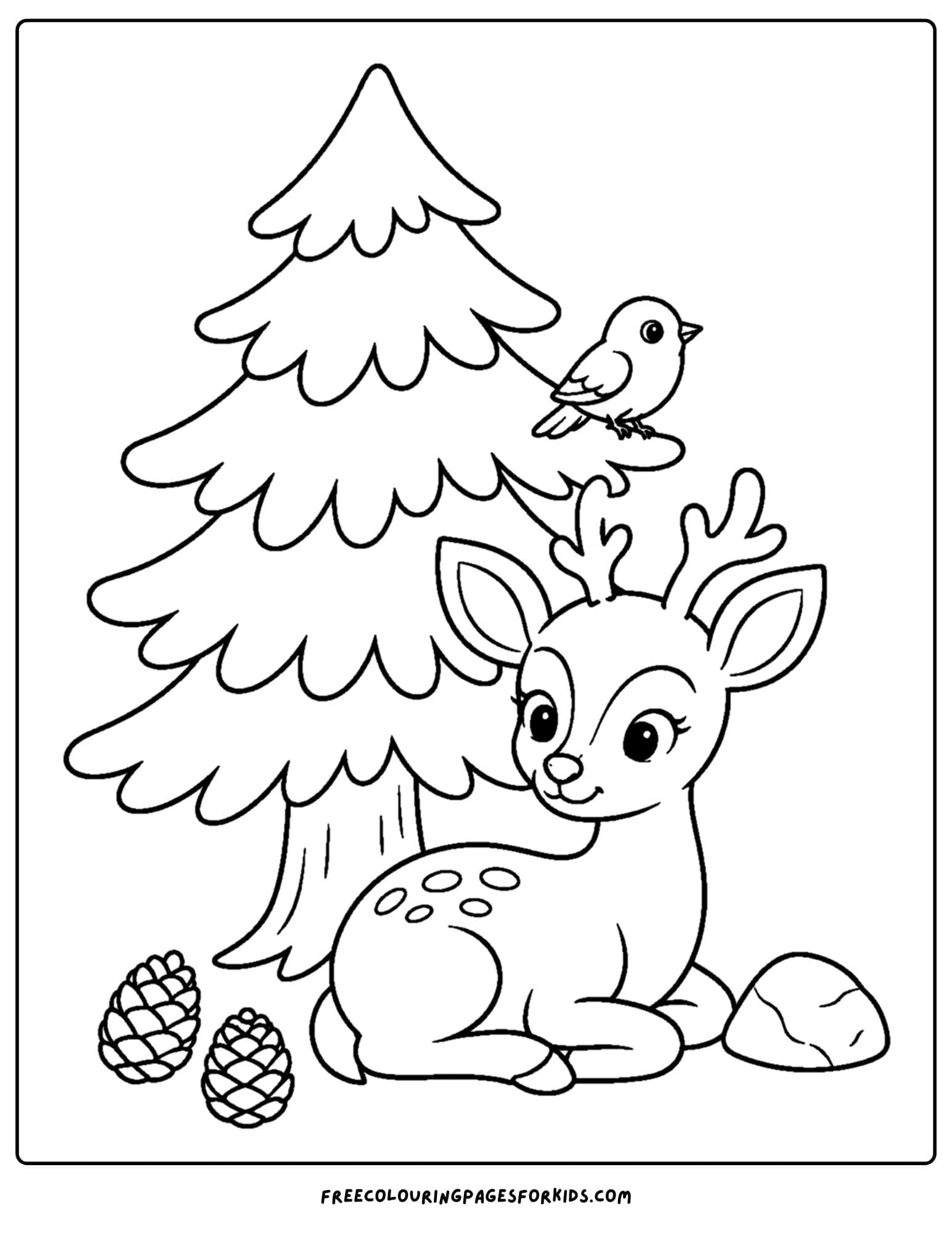 a coloring page of a deer sitting under a pine tree