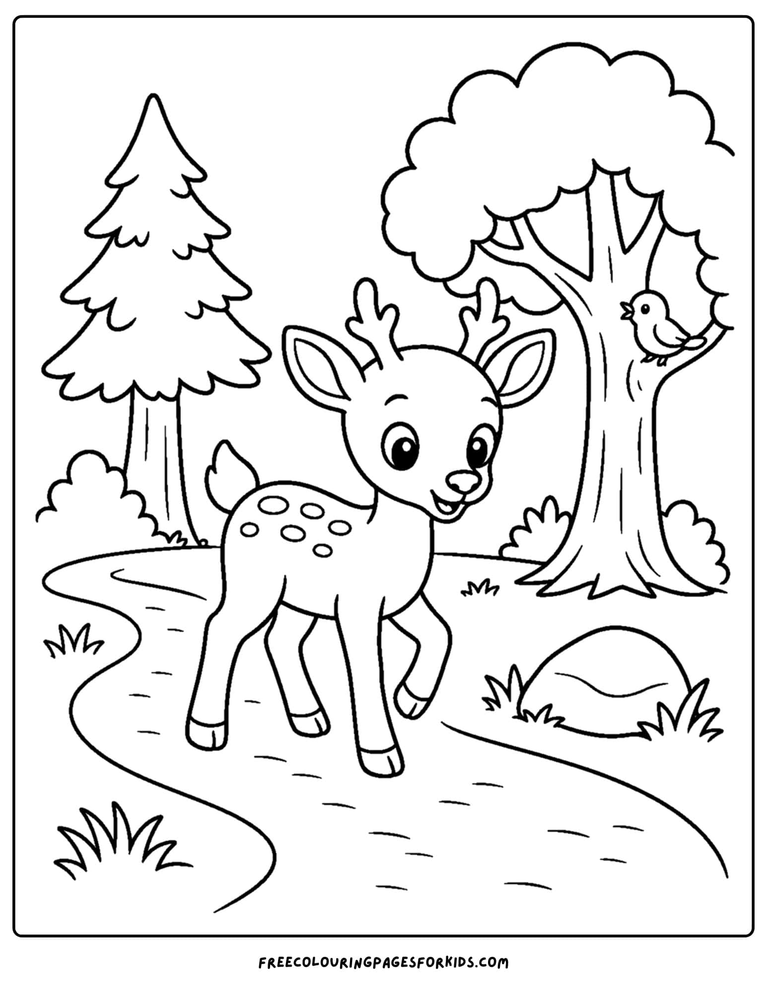 a coloring page of a deer walking a forest path