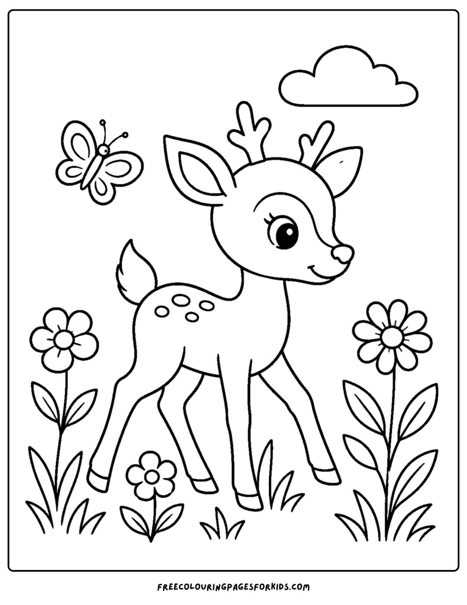 a coloring page of a deer walking through a meadow of wildflowers