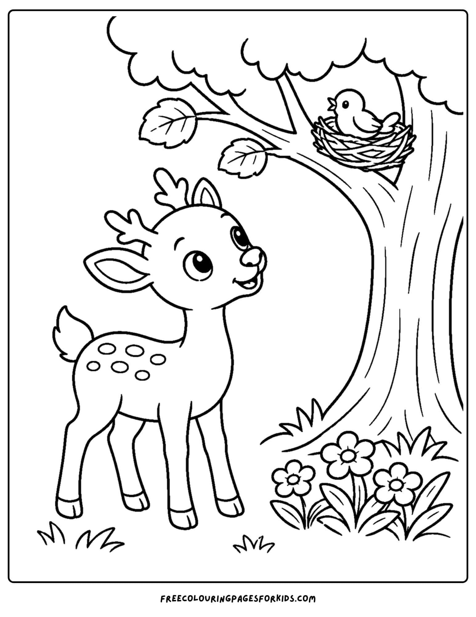 a coloring page of a deer looking up at a birds nest in a tree