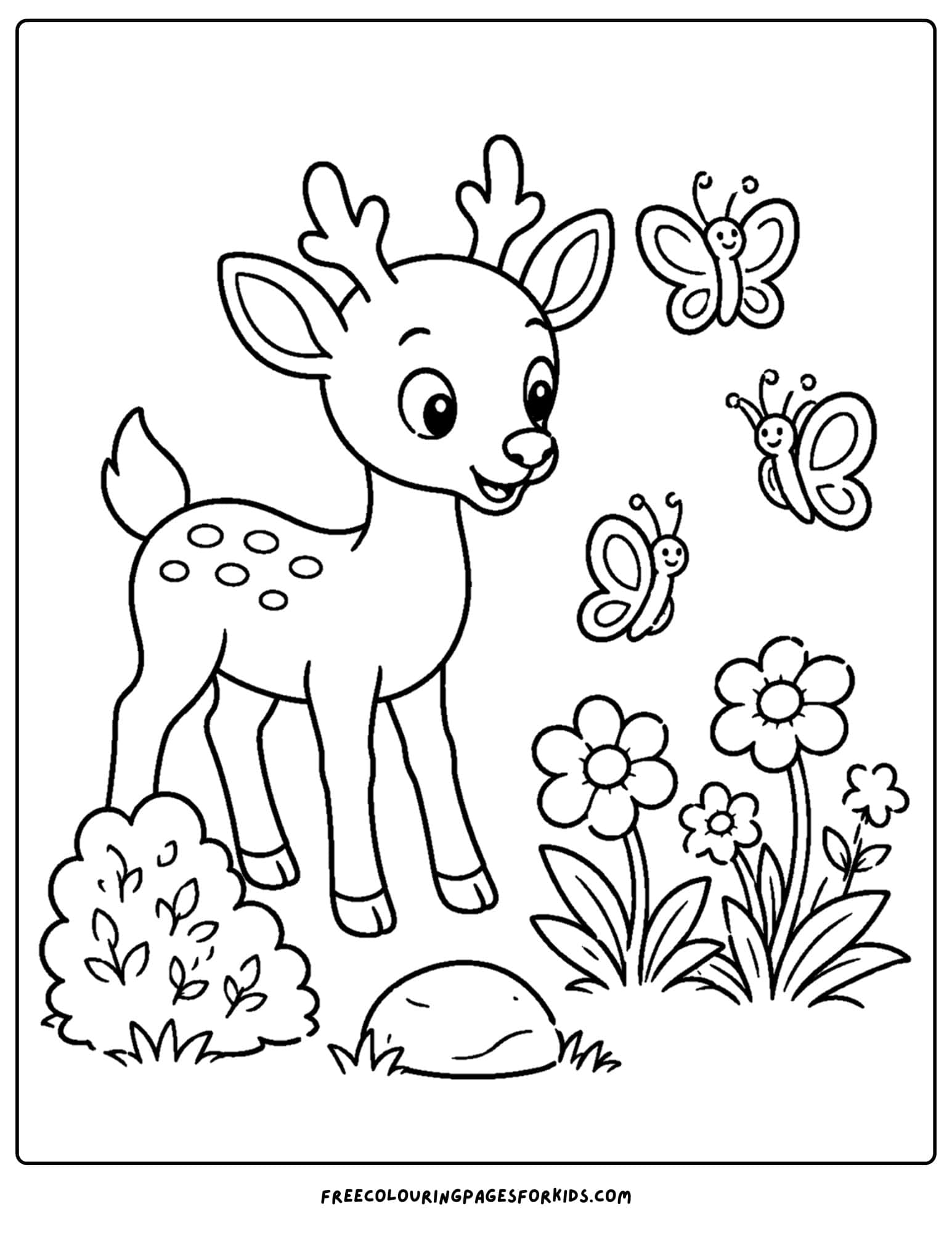 a coloring page of a deer watching some butterflies