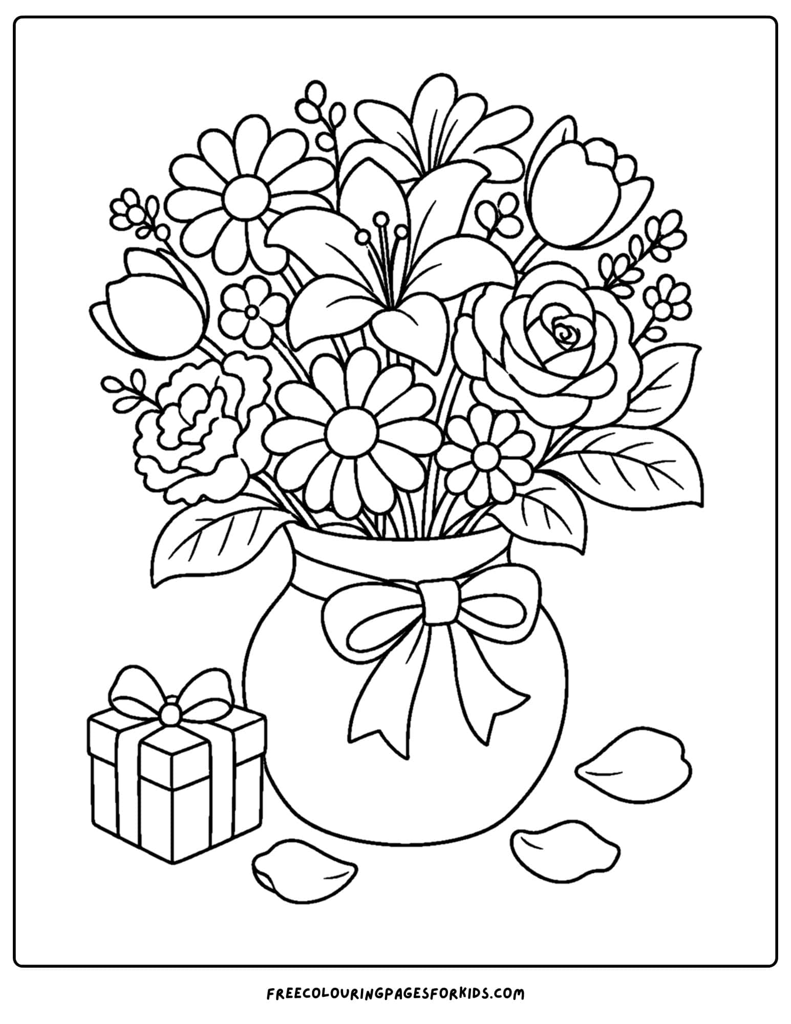 a coloring page of a flower bouquet of of mixed flowers in a vase