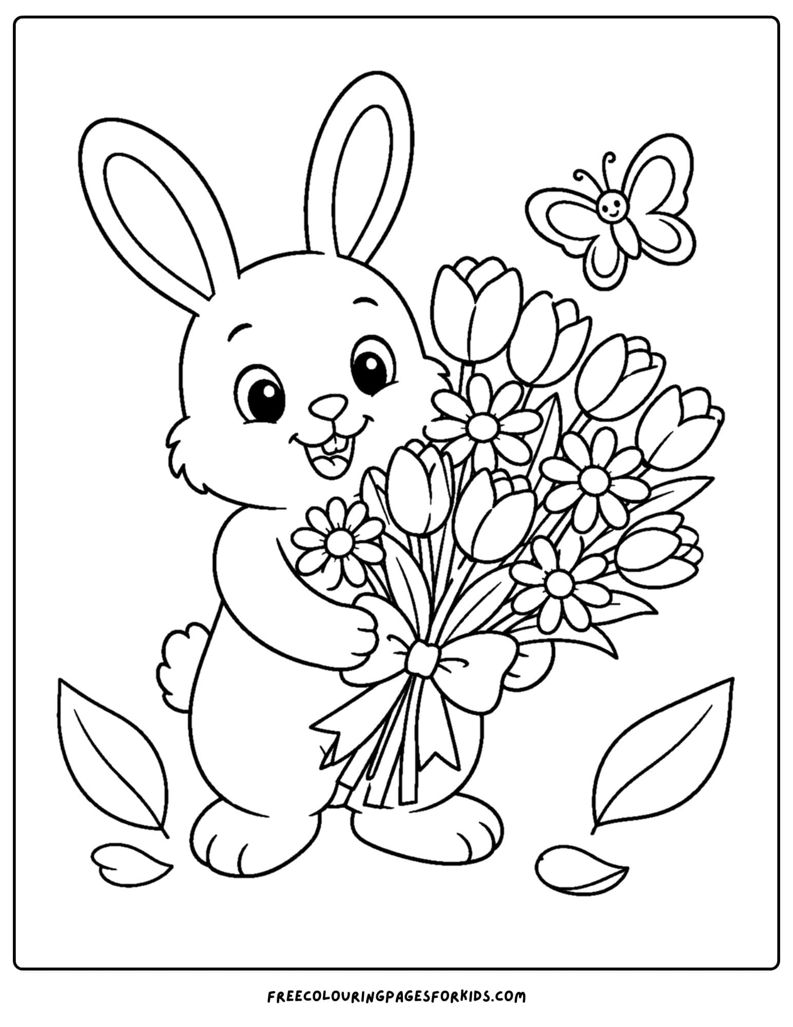 a coloring page of a flower bouquet held by a bunny