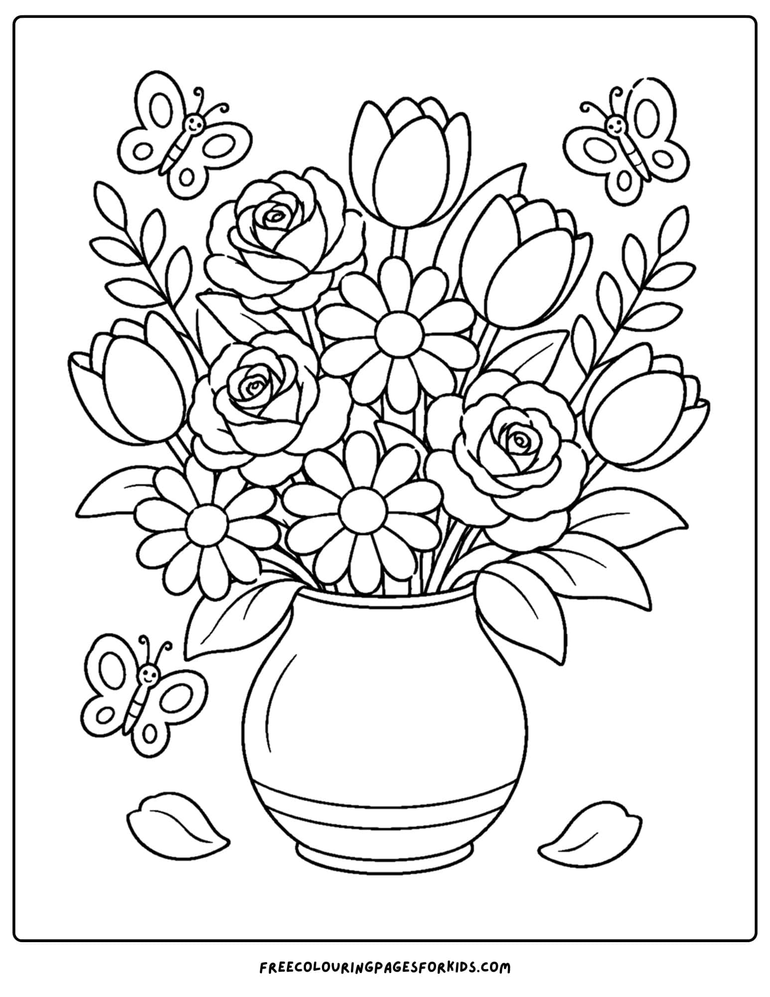 a coloring page of a flower bouquet in a vase with butterflies