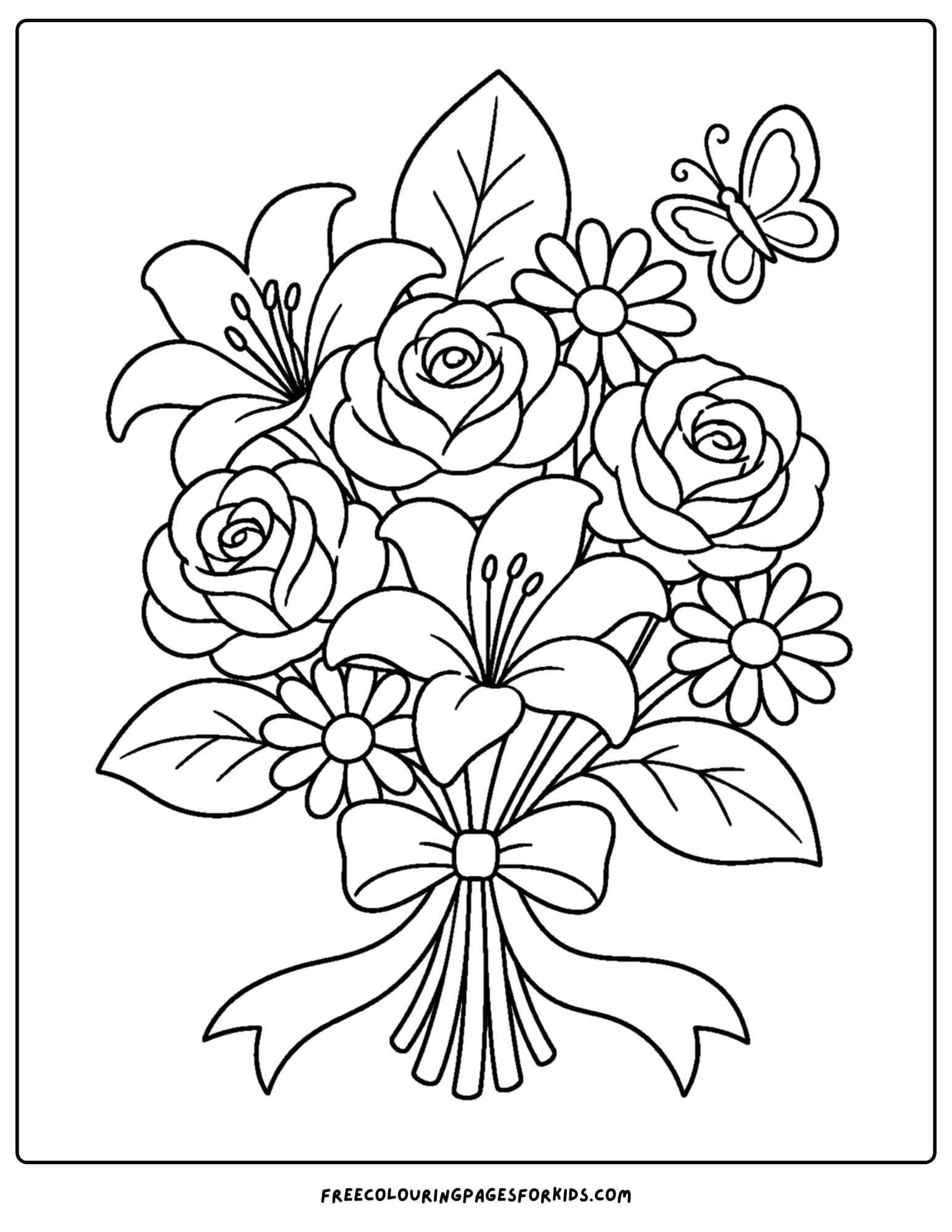 a coloring page of a flower bouquet tied up by a pretty ribbon