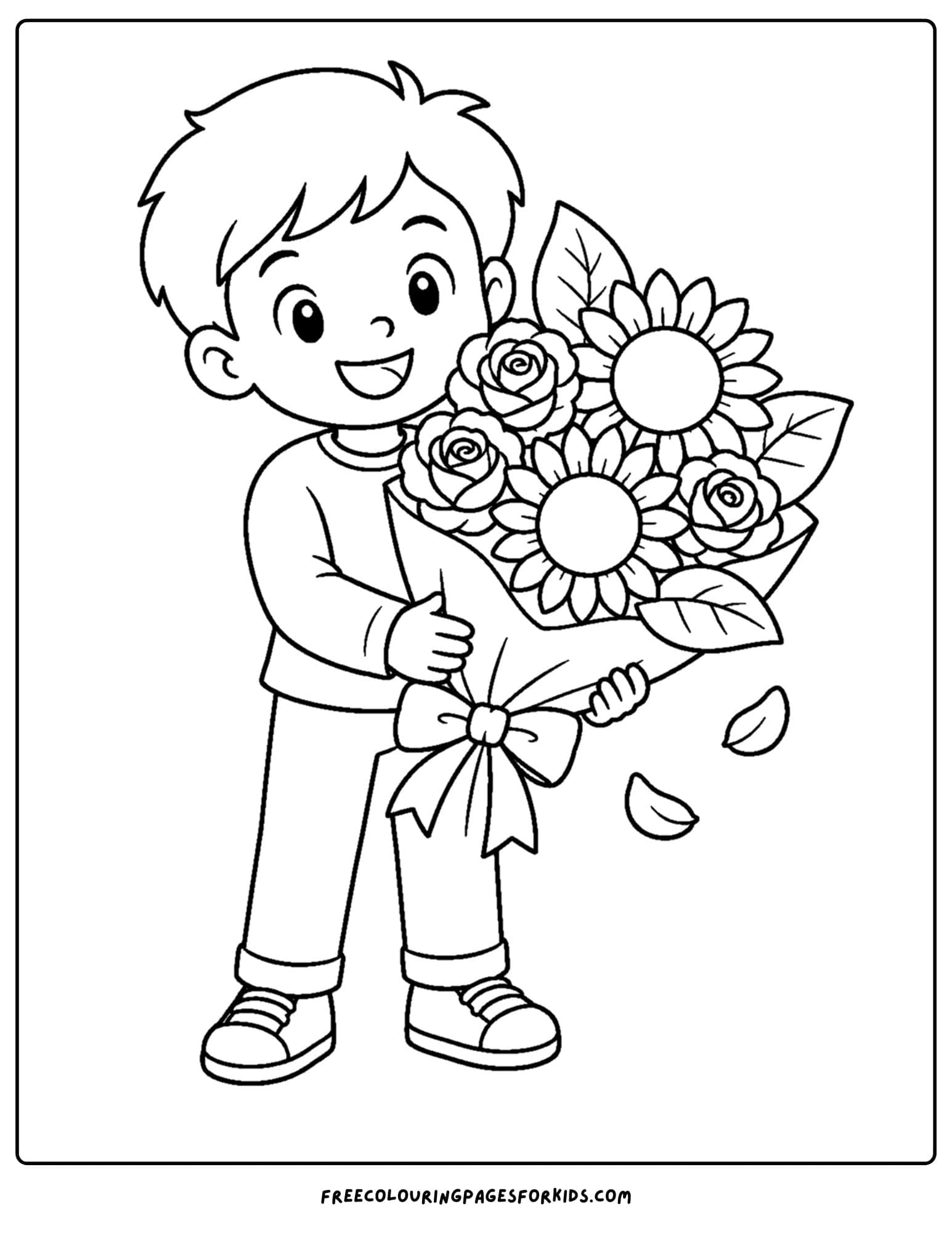 a coloring page of a flower bouquet held by a child