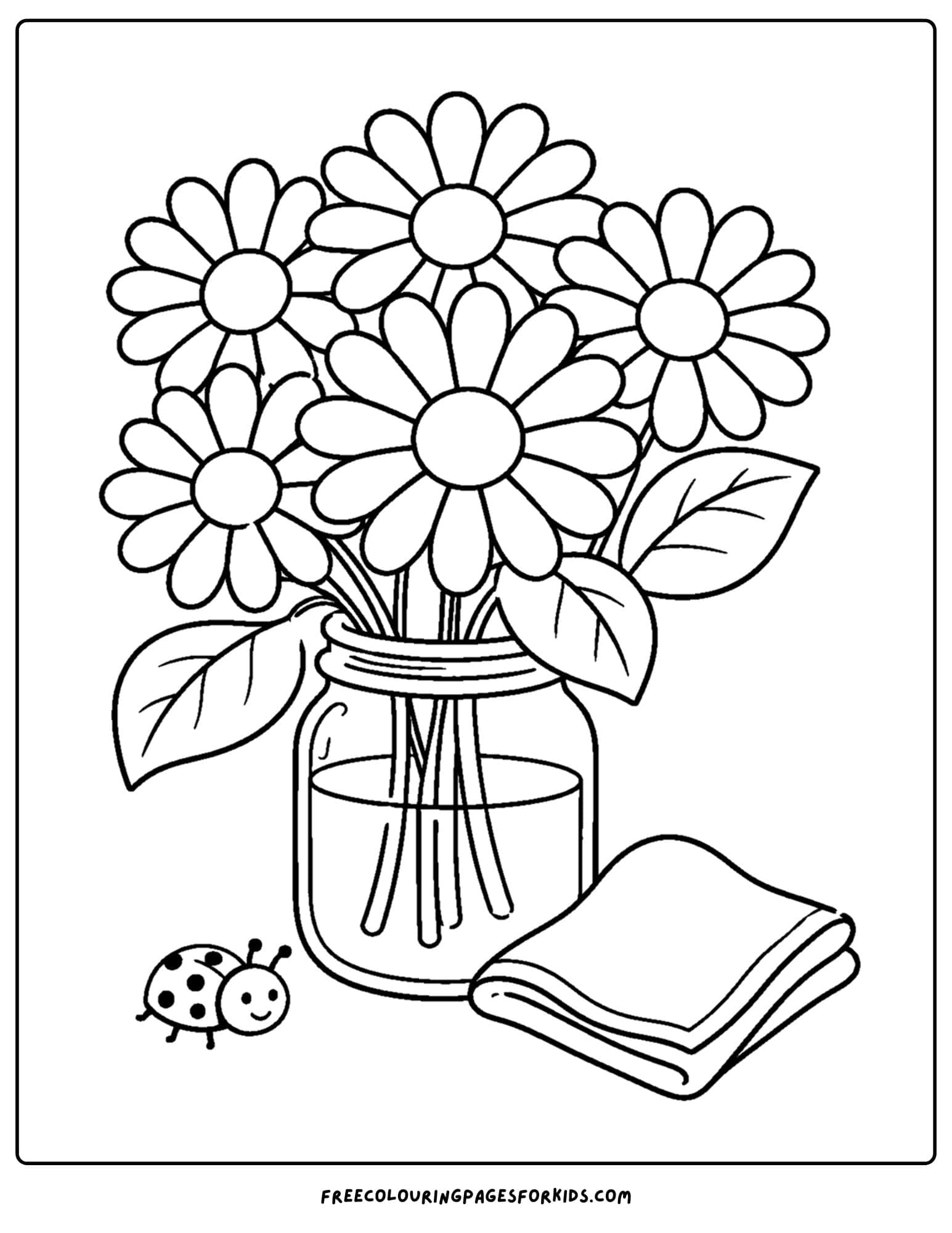 a coloring page of a flower bouquet of daisies in a jar
