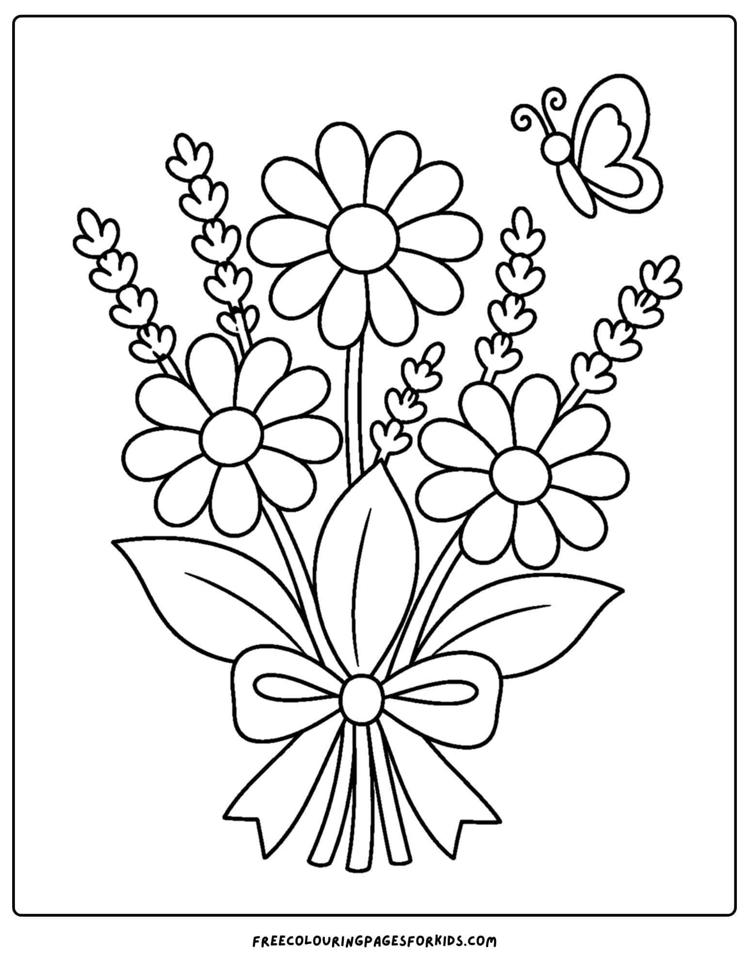 a coloring page of a flower bouquet of daisies and lavendar