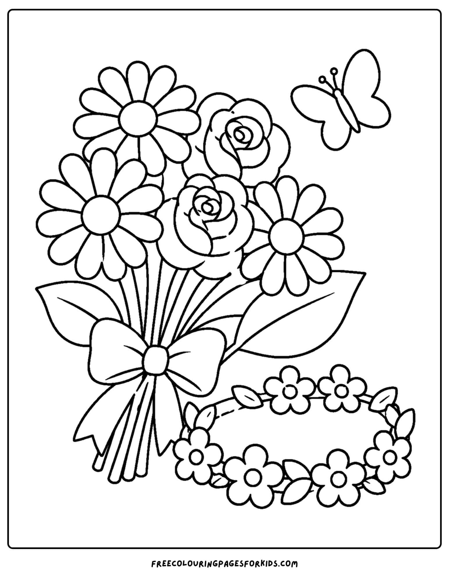 a coloring page of a flower bouquet and a flower crown