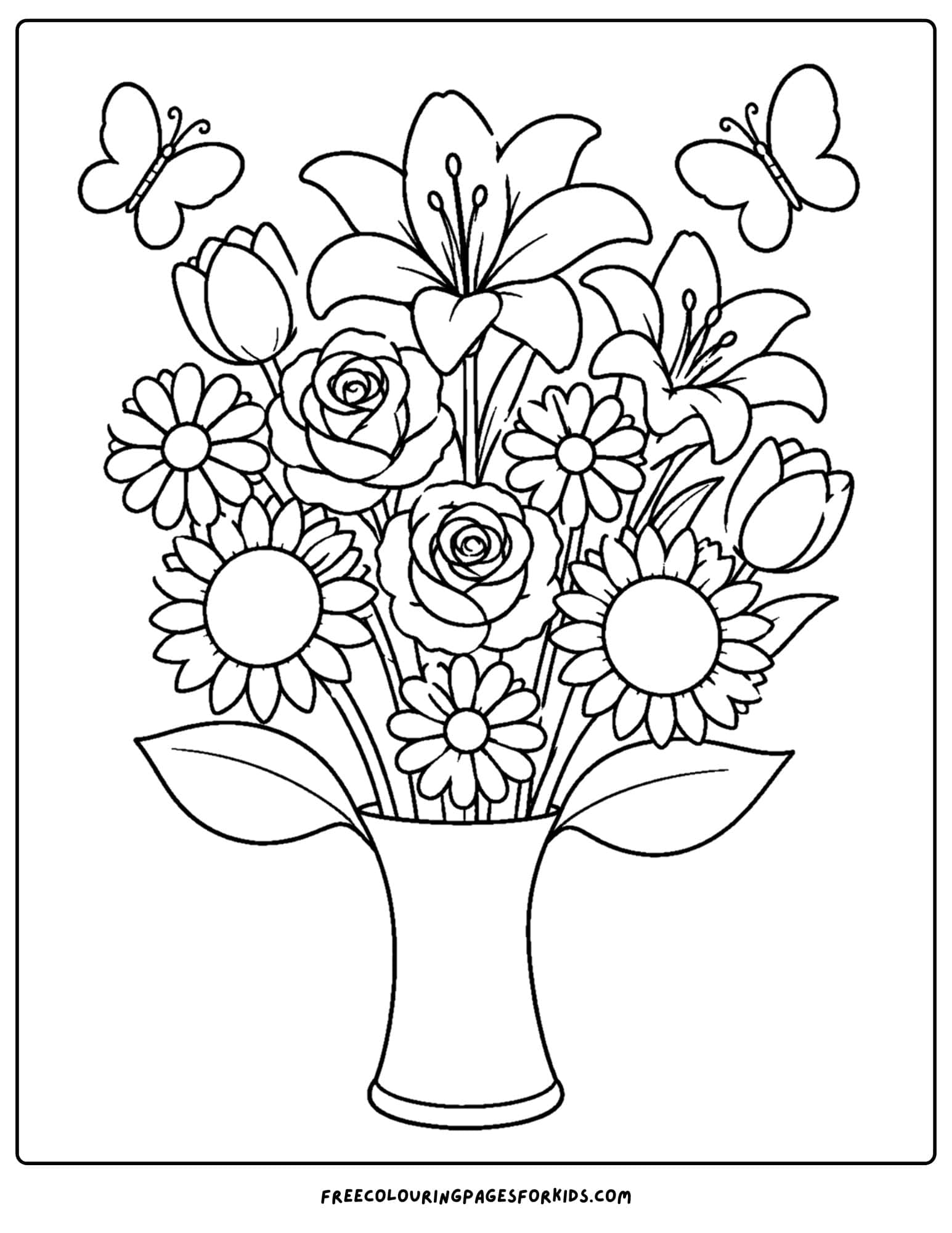 a coloring page of a flower bouquet in a tall vase