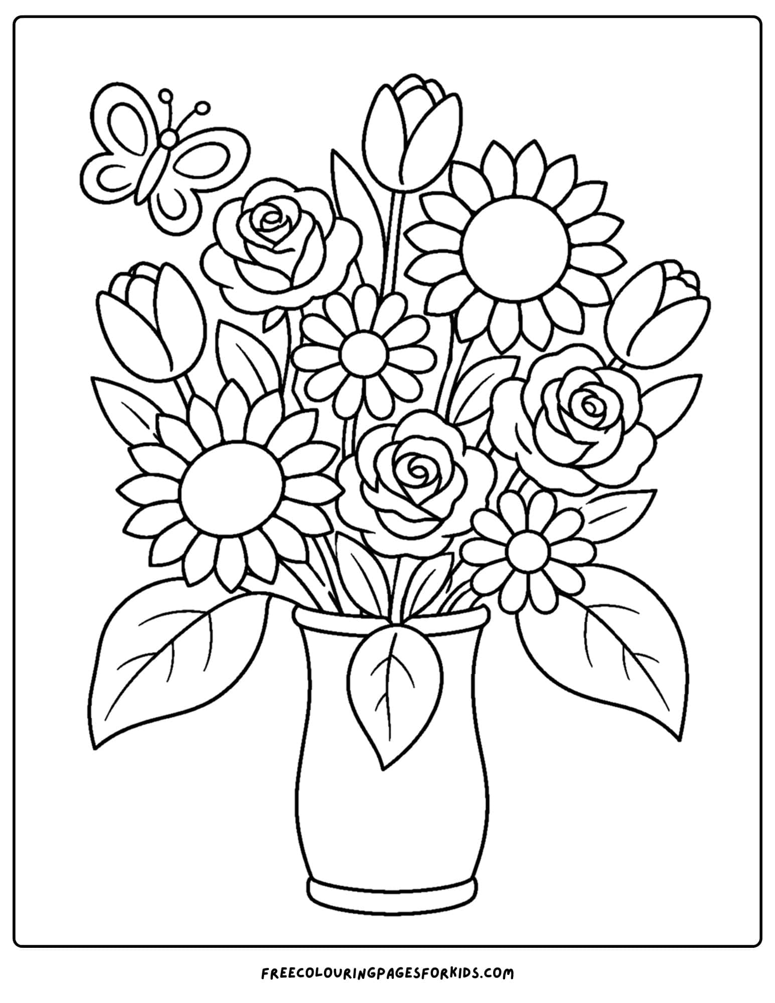 a coloring page of a flower bouquet of mixed flowers