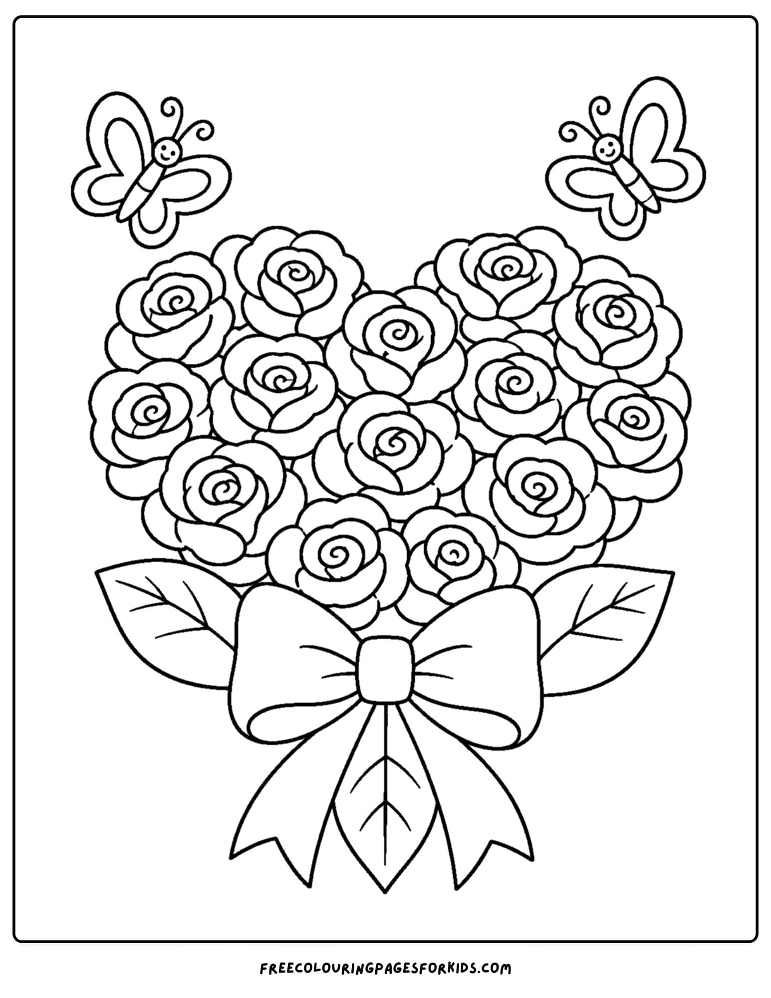 a coloring page of a flower bouquet of roses shaped into a heart