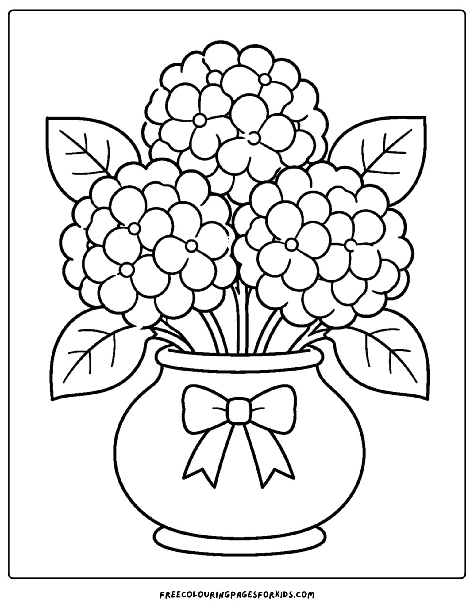 a coloring page of a flower bouquet of hydrangeas
