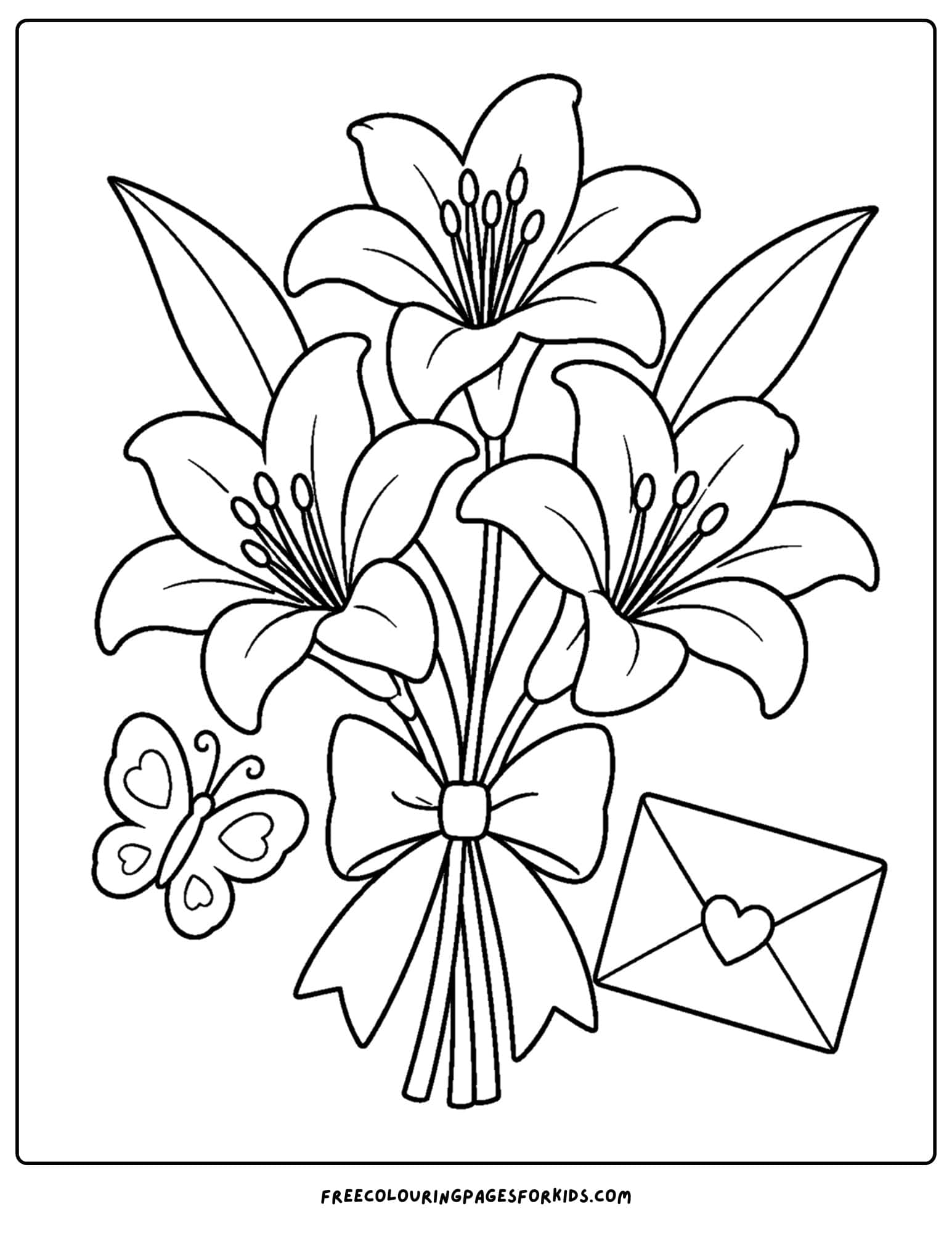 a coloring page of a flower bouquet of lillies