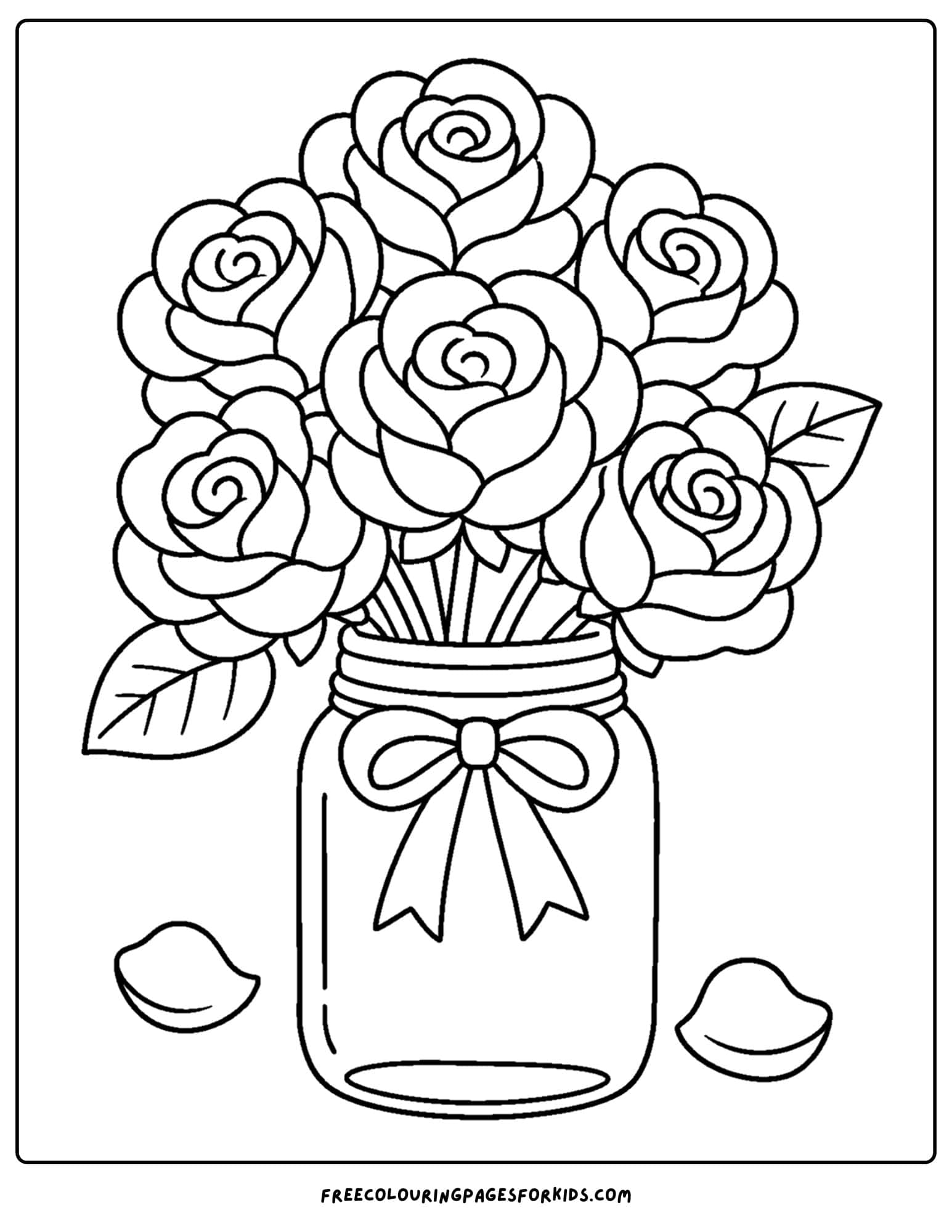 a coloring page of a flower bouquet of roses in a mason jar