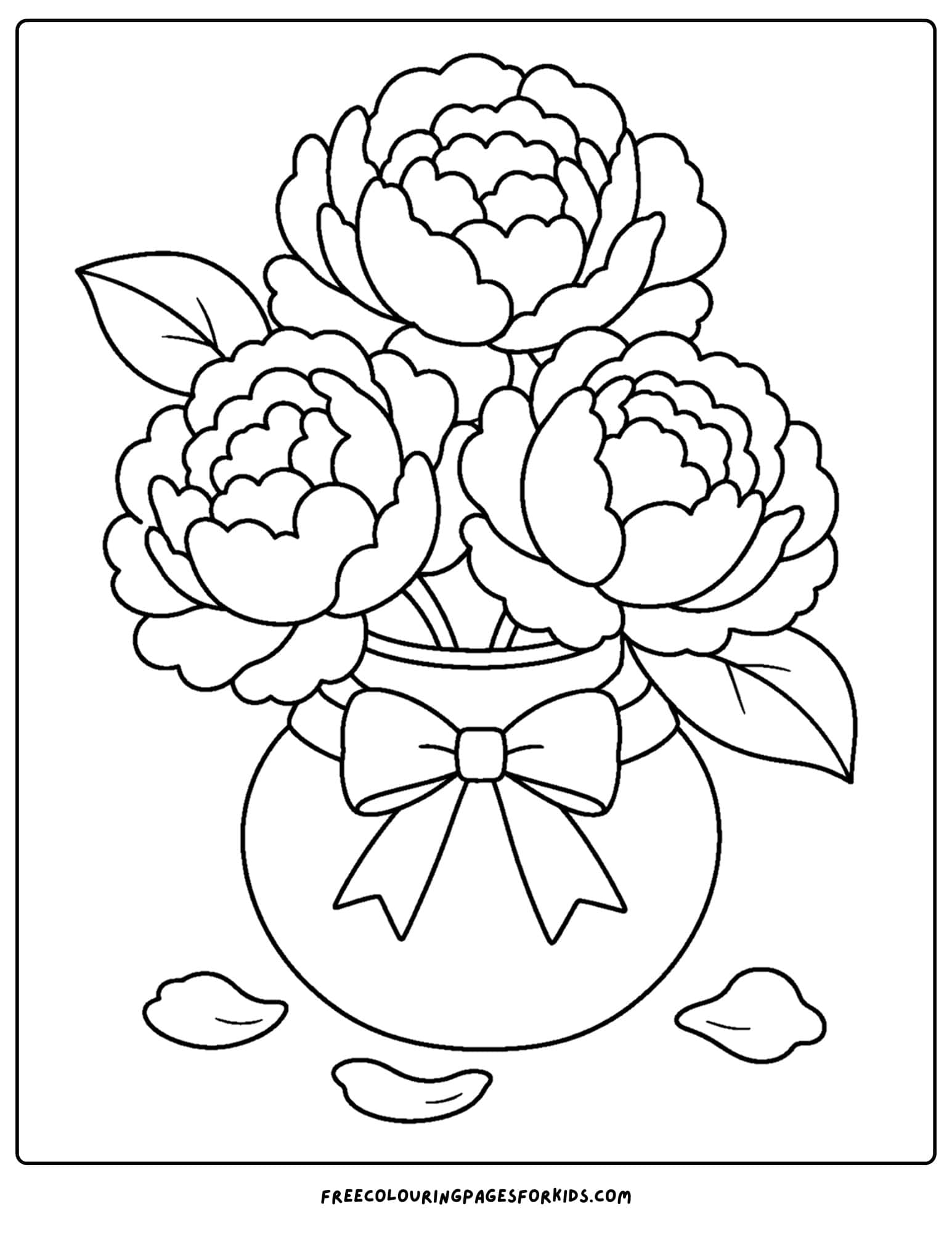 a coloring page of a flower bouquet of peonies in a vase