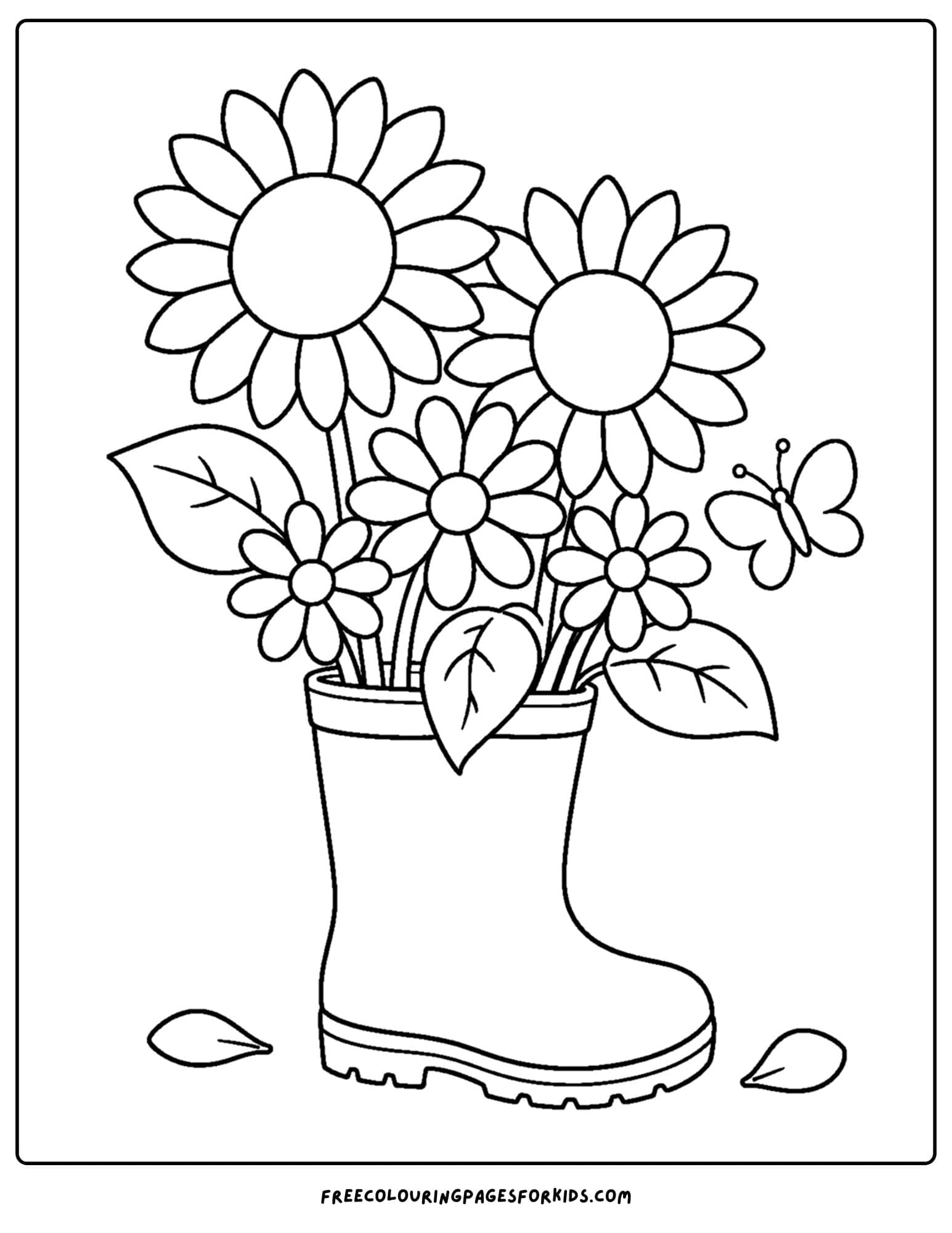 a coloring page of a flower bouquet in an old boot