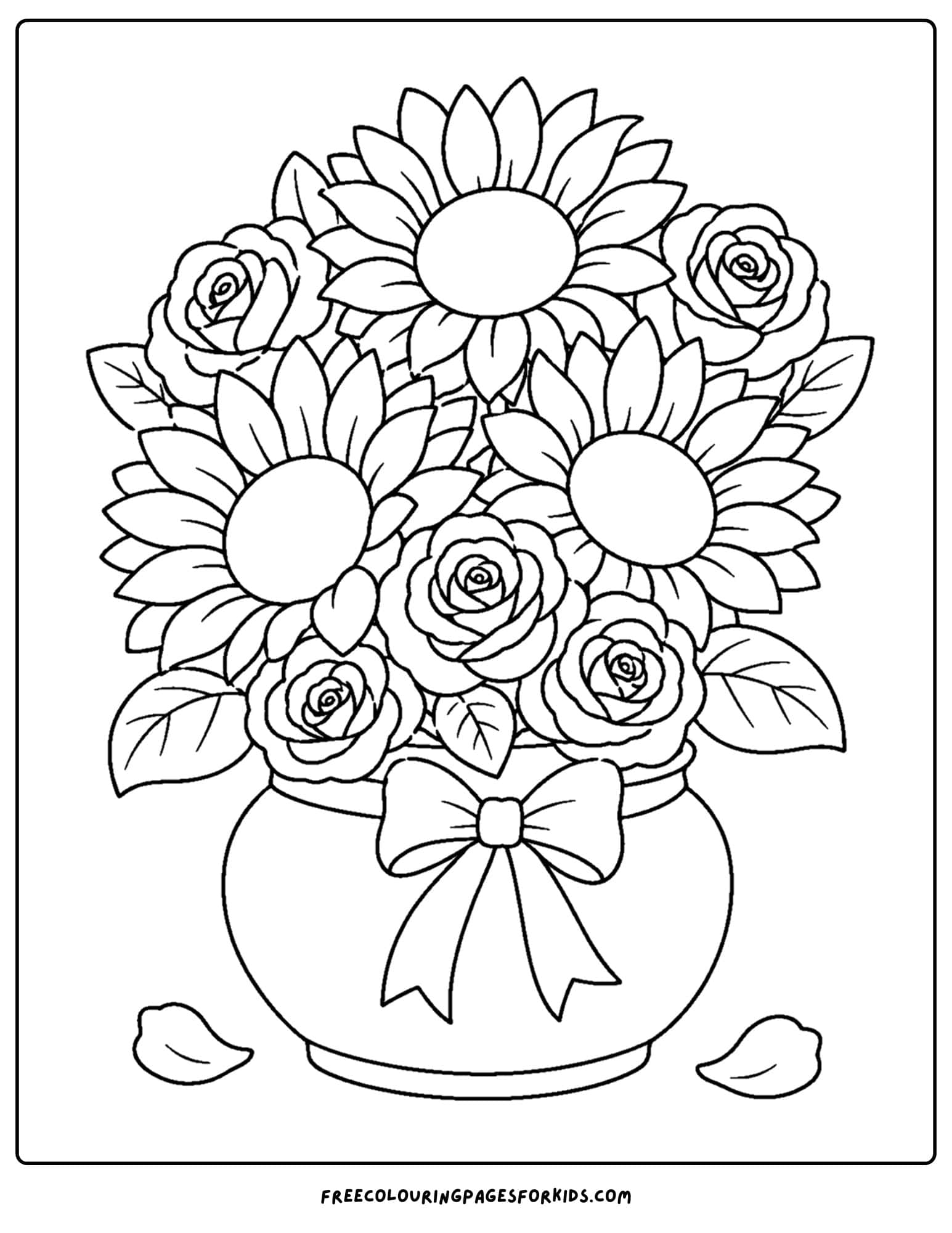 a coloring page of a flower bouquet of sunflowers and roses