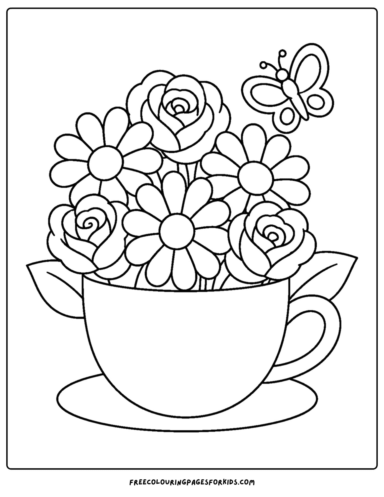 a coloring page of a flower bouquet in a teacup