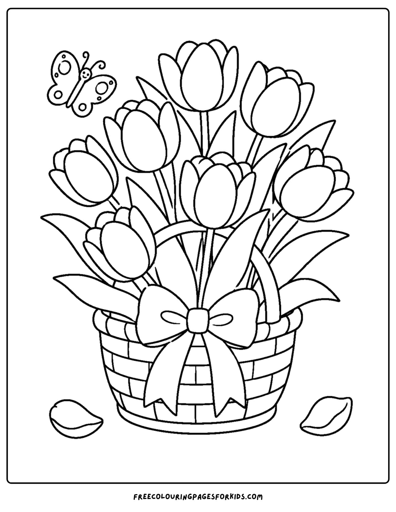 a coloring page of a flower bouquet of tulips in a basket