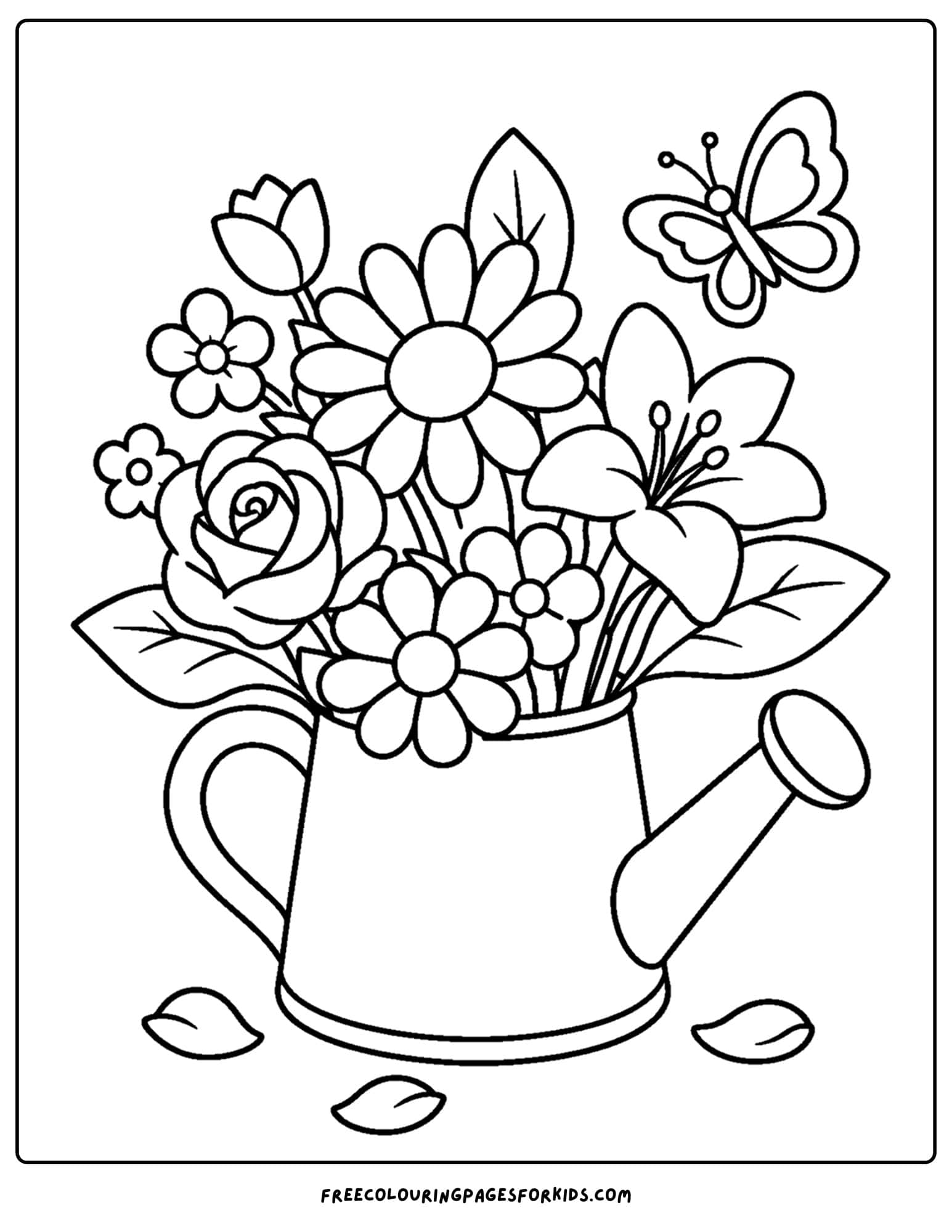 a coloring page of a flower bouquet in an old watering can