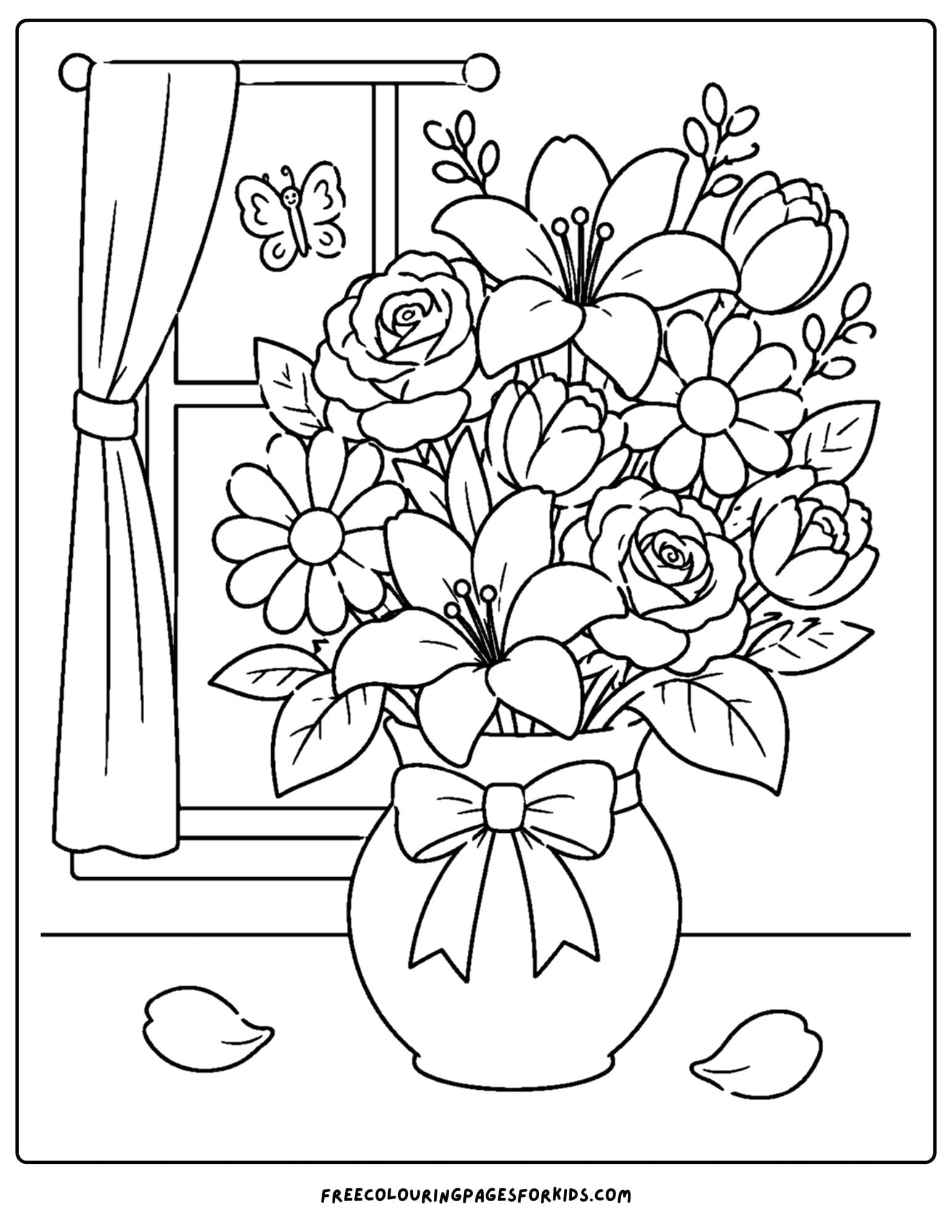 a coloring page of a flower bouquet sitting in a vase by a window