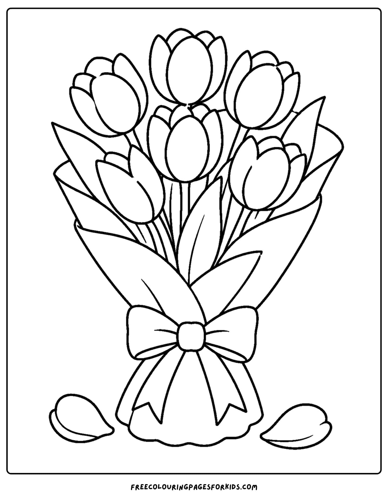 a coloring page of a flower bouquet of tulips