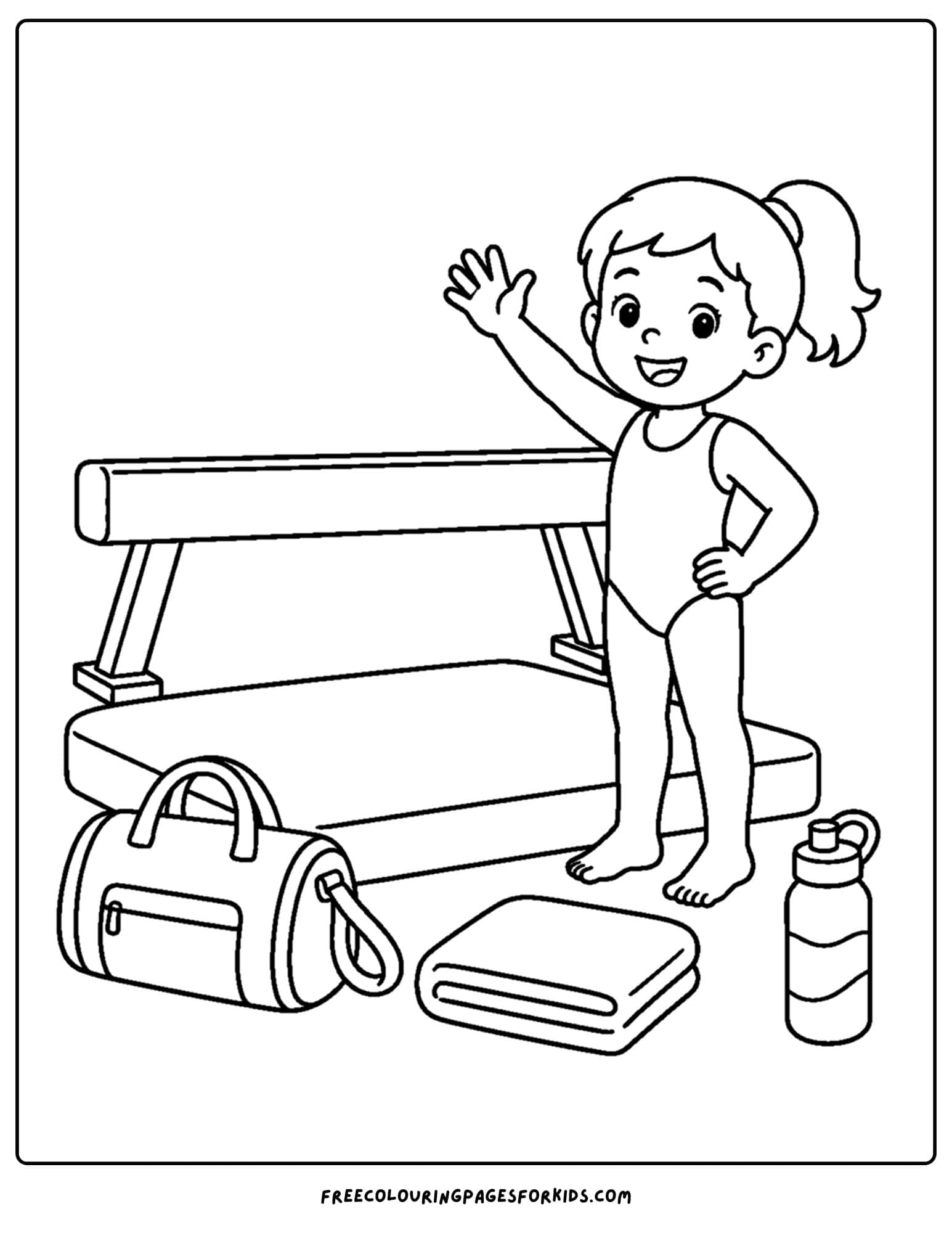 a gymnastics coloring page showing a gymnast waving after practice on the beam