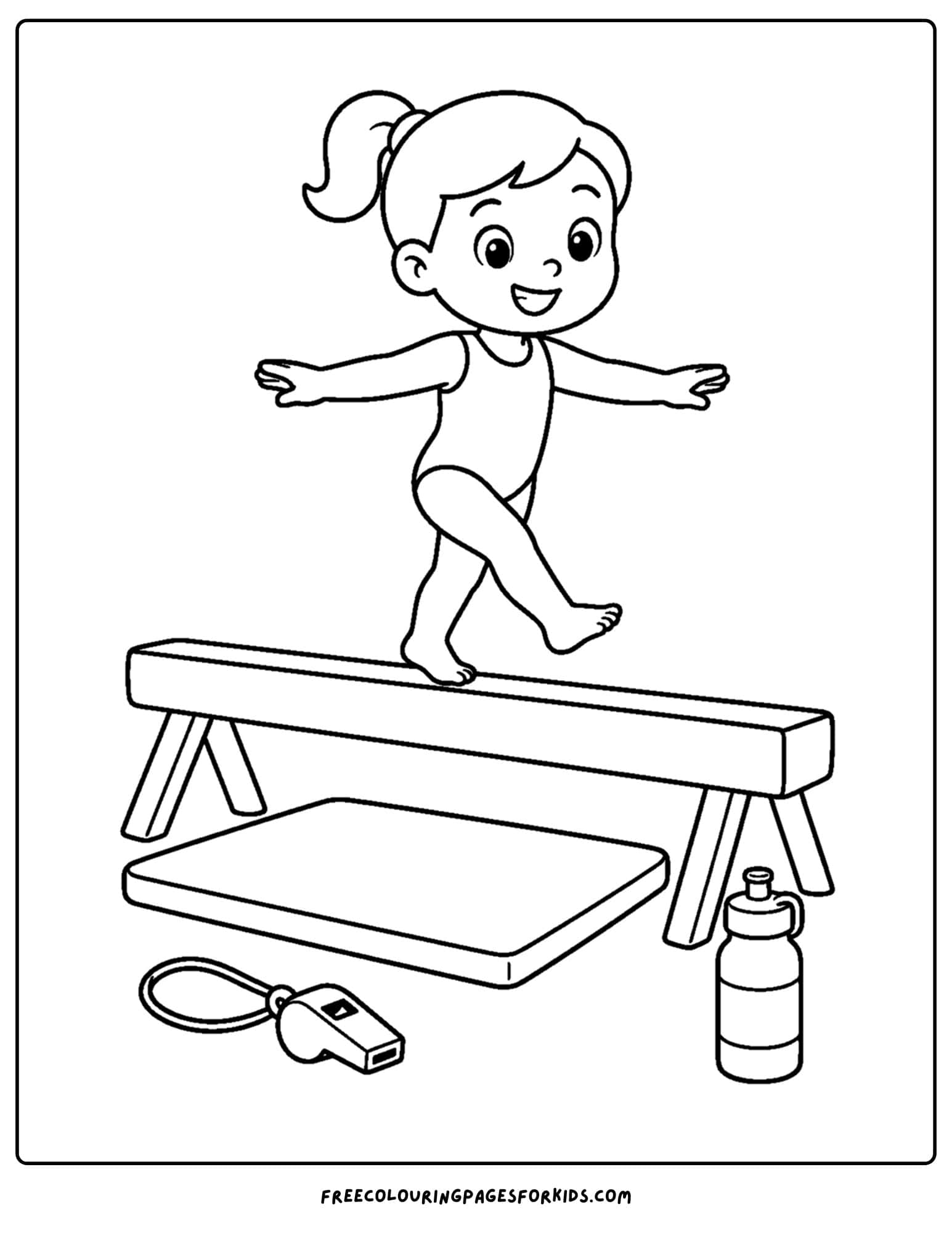 a gymnastics coloring page showing a gymnast walking on the balance beam