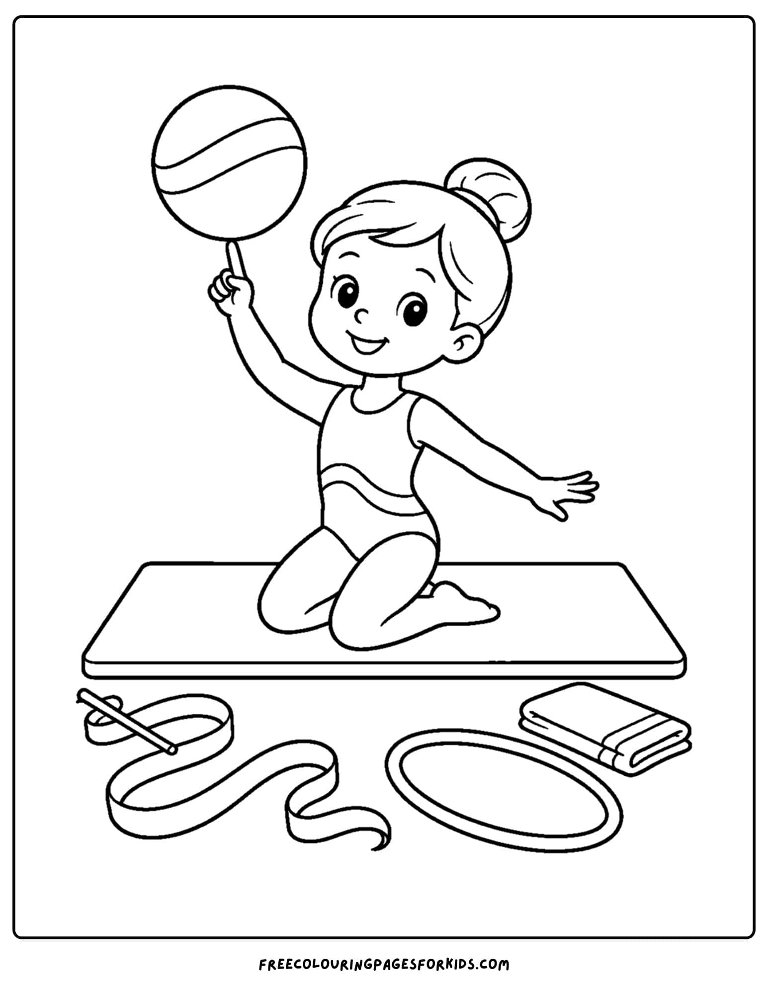 a gymnastics coloring page showing a gymnast doing a ball trick on their finger