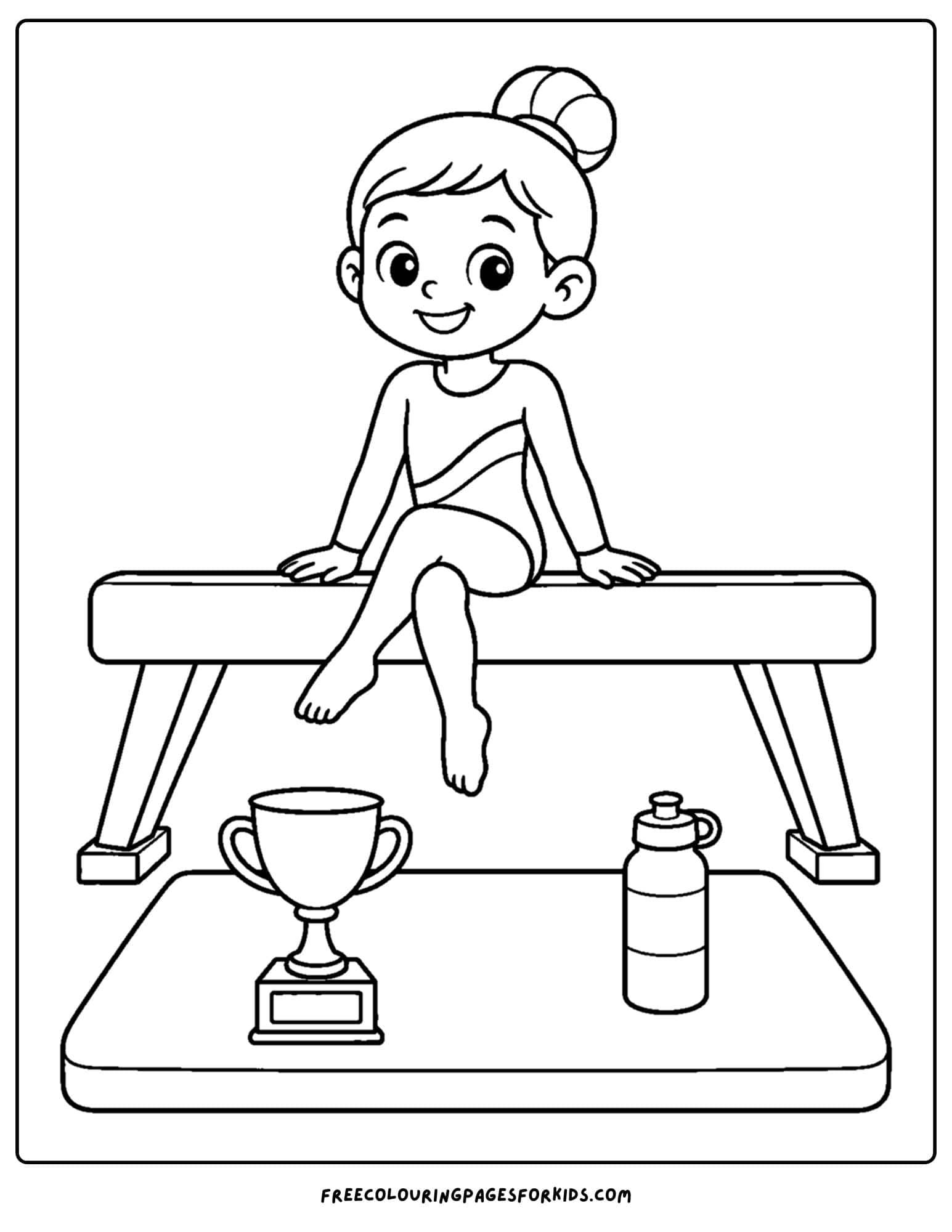 a gymnastics coloring page showing a gymnast sitting and smiling on the balance beam