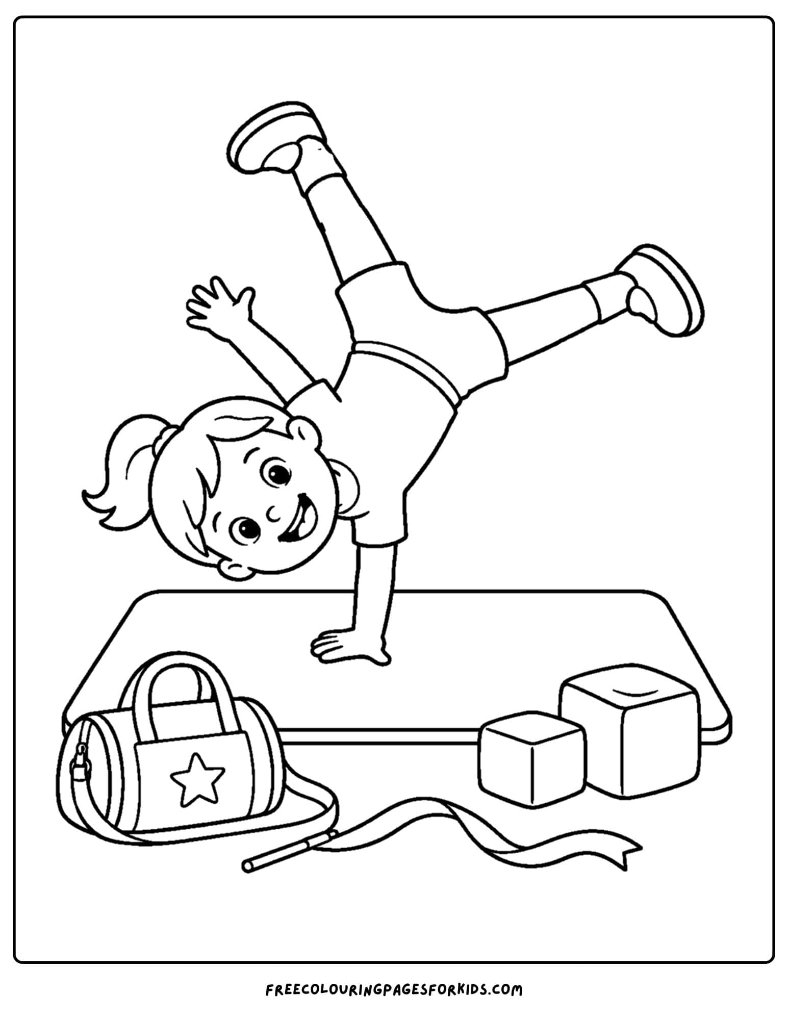 a gymnastics coloring page showing a gymnast performing a cartwheel