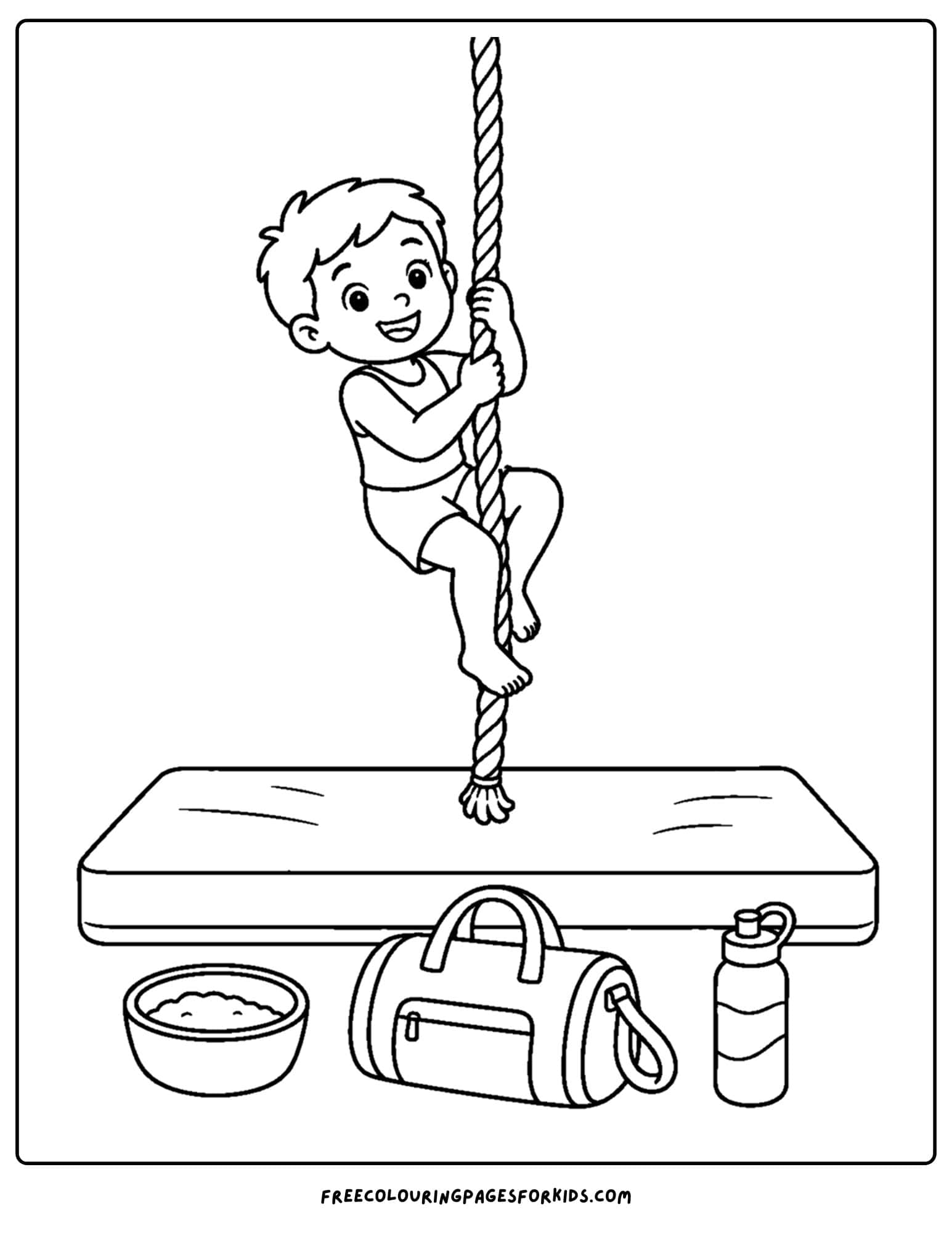 a gymnastics coloring page showing a gymnast climbing a rope