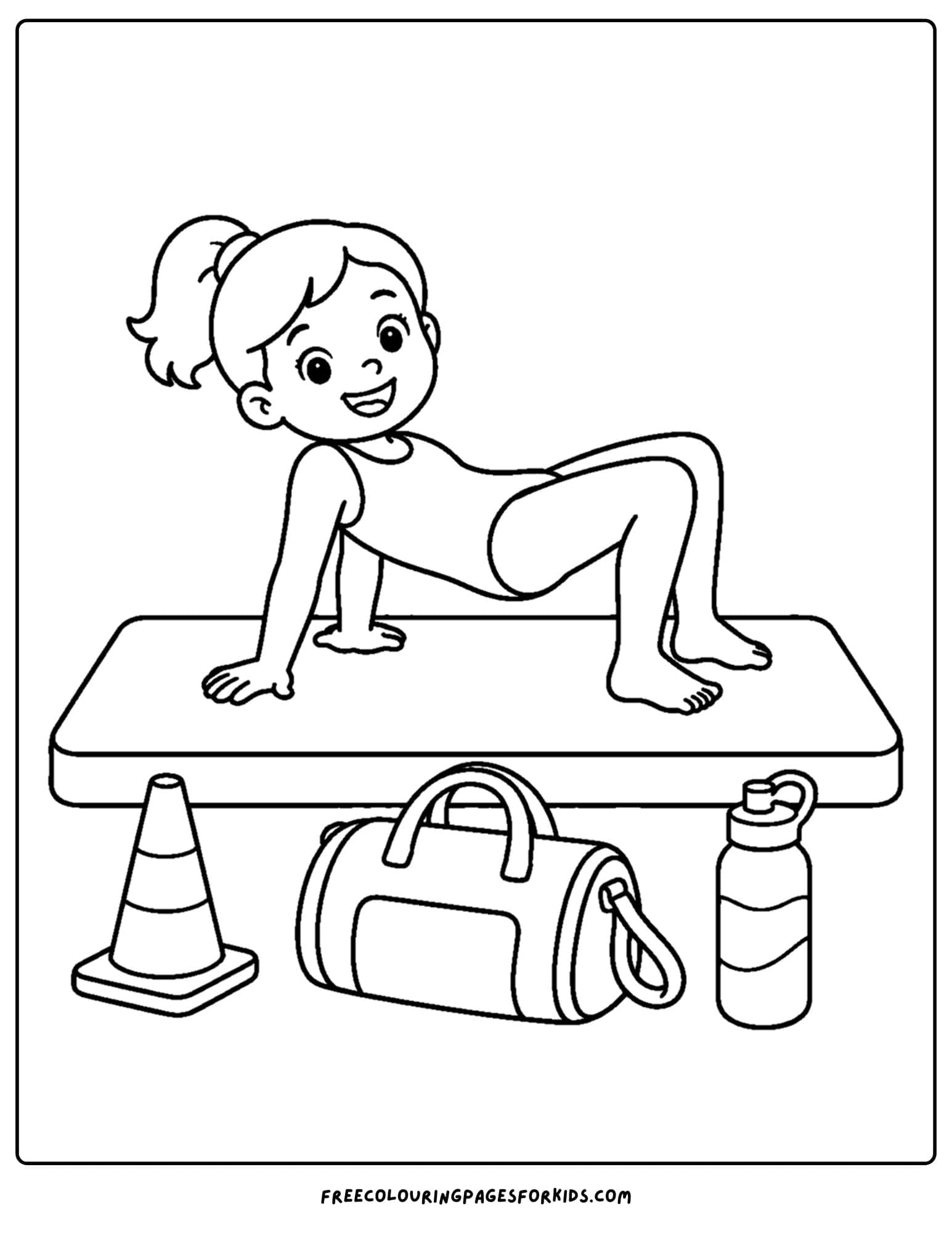 a gymnastics coloring page showing a gymnast doing a crab walk