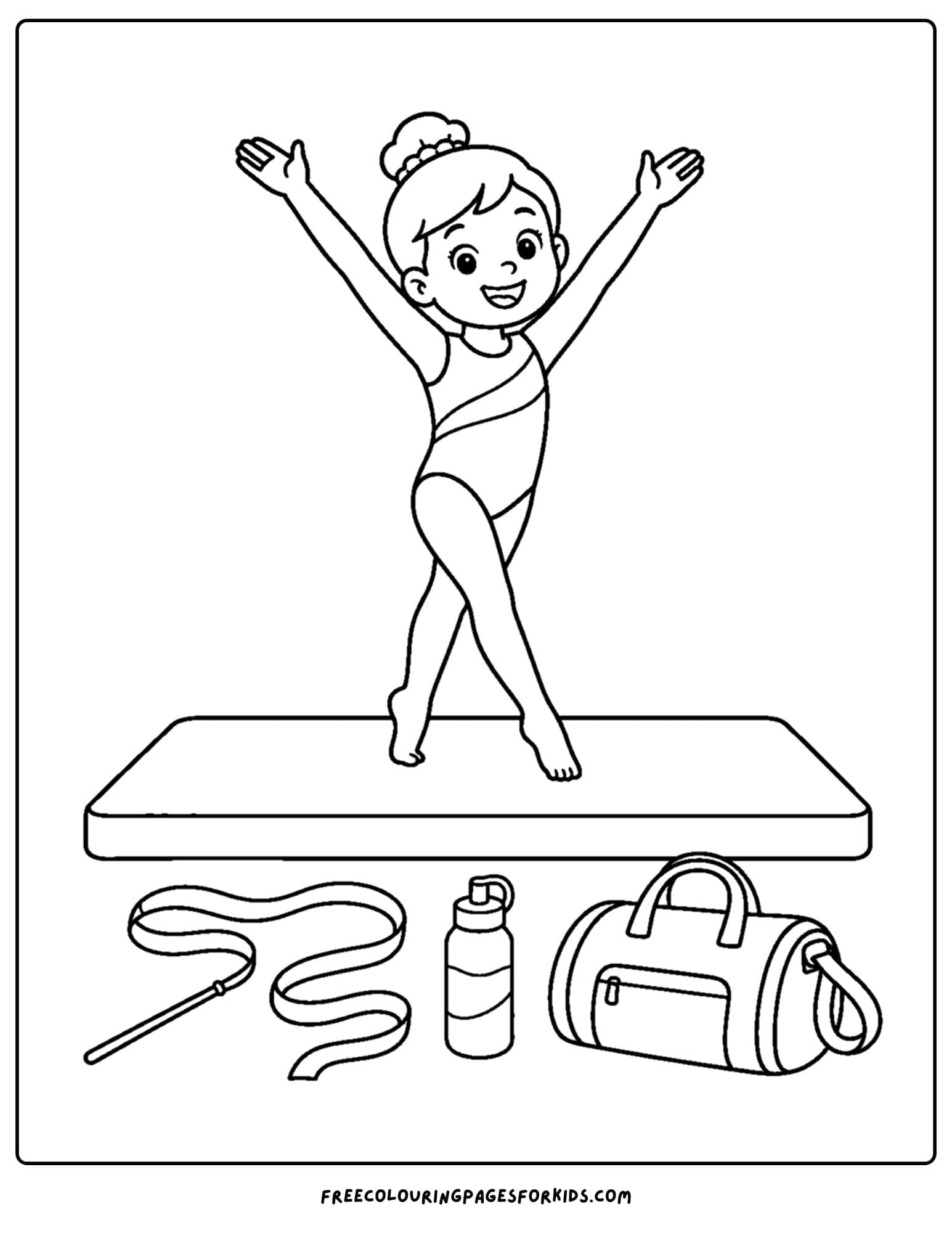 a gymnastics coloring page showing a gymnast performing a floor routine pose