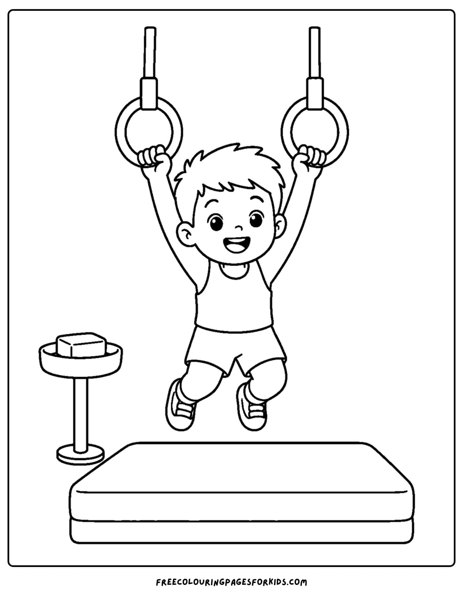 a gymnastics coloring page showing a gymnast hanging on the rings