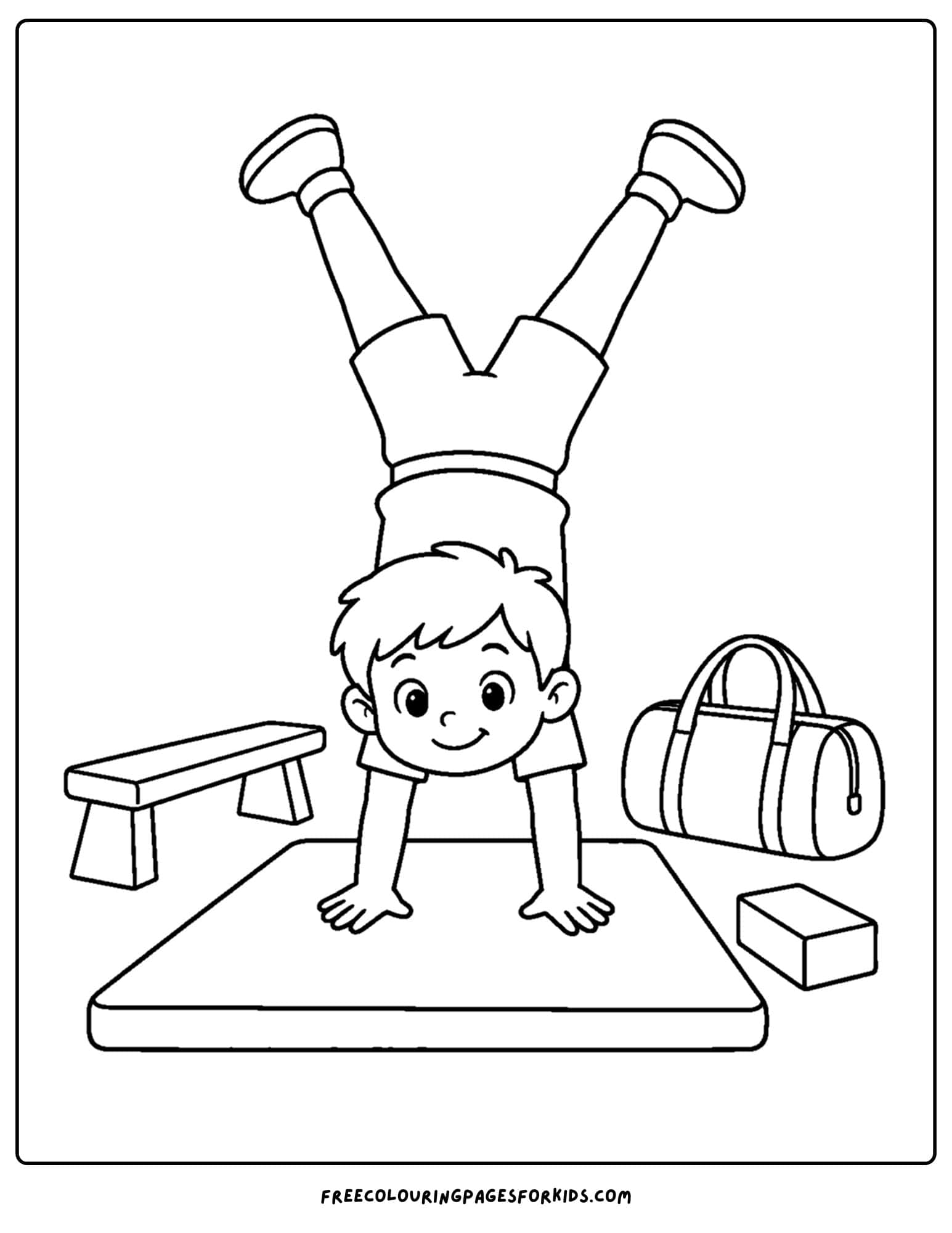 a gymnastics coloring page showing a gymnast practicing a handstand