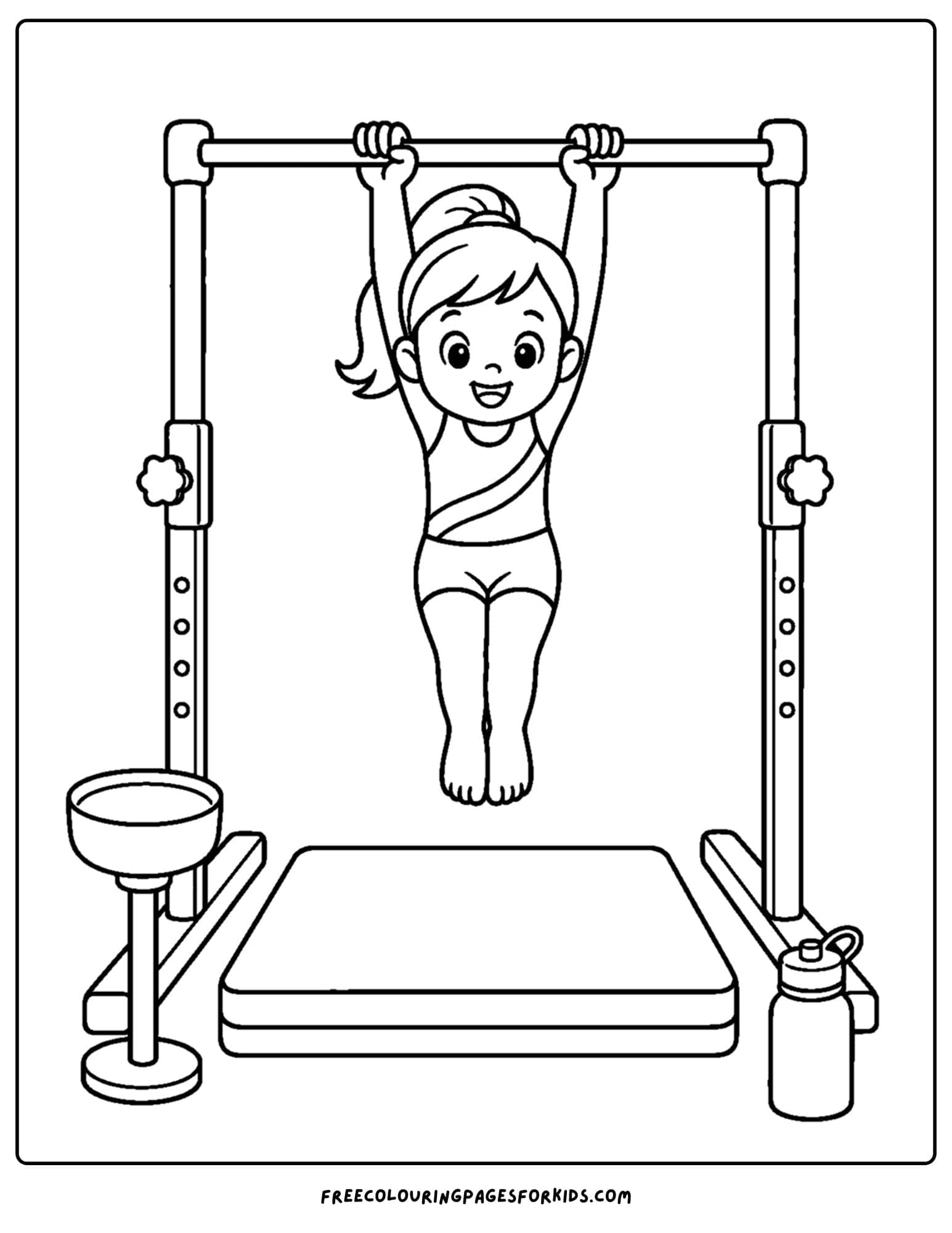 a gymnastics coloring page showing a gymnast hanging on a high bar