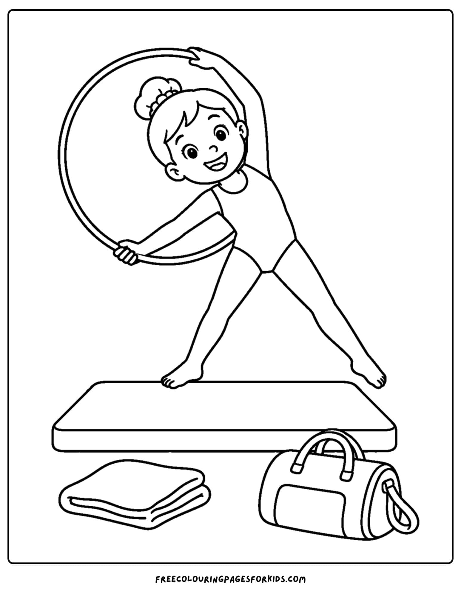 a gymnastics coloring page showing a gymnast warming up with a hoop