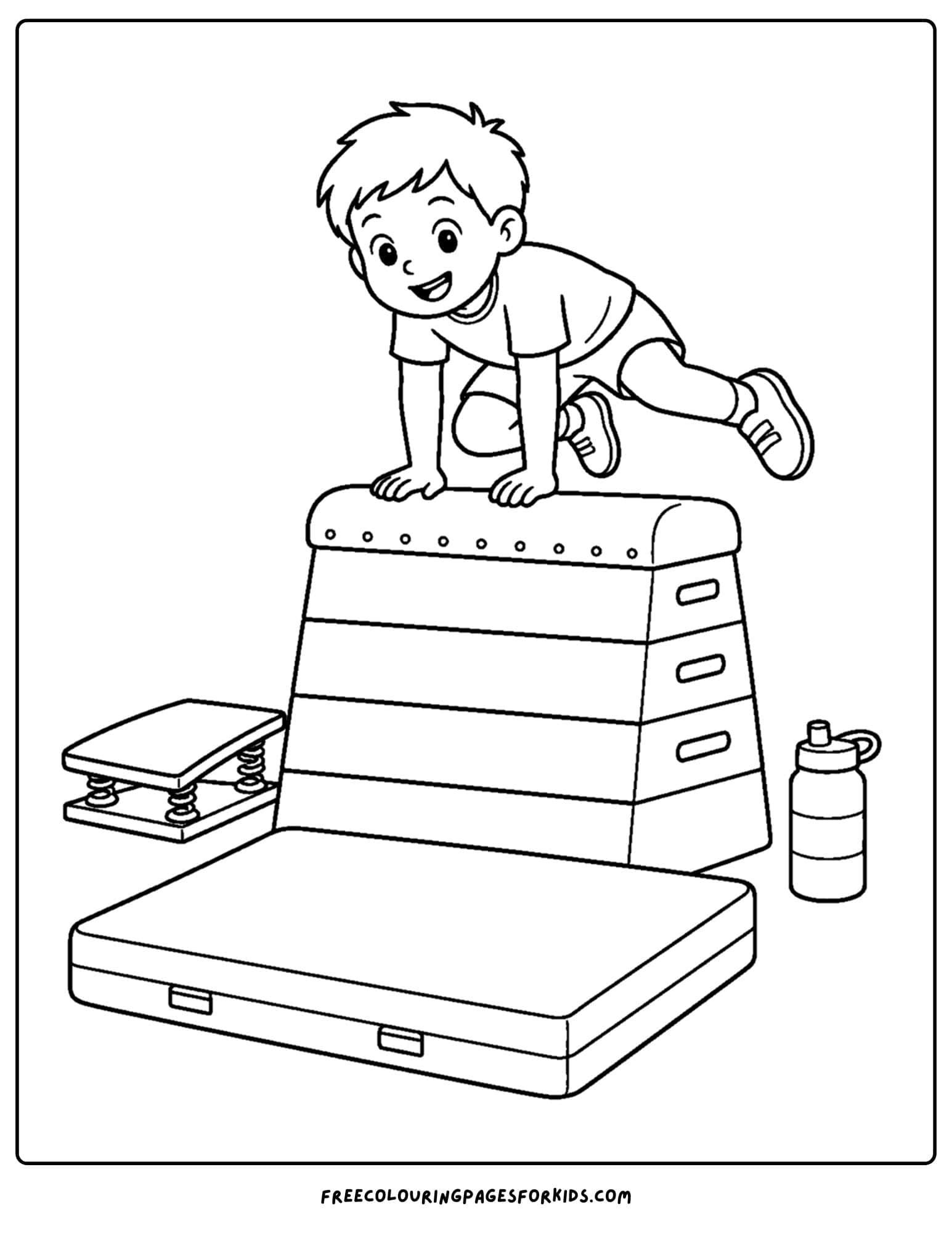 a gymnastics coloring page showing a gymnast going over a vault