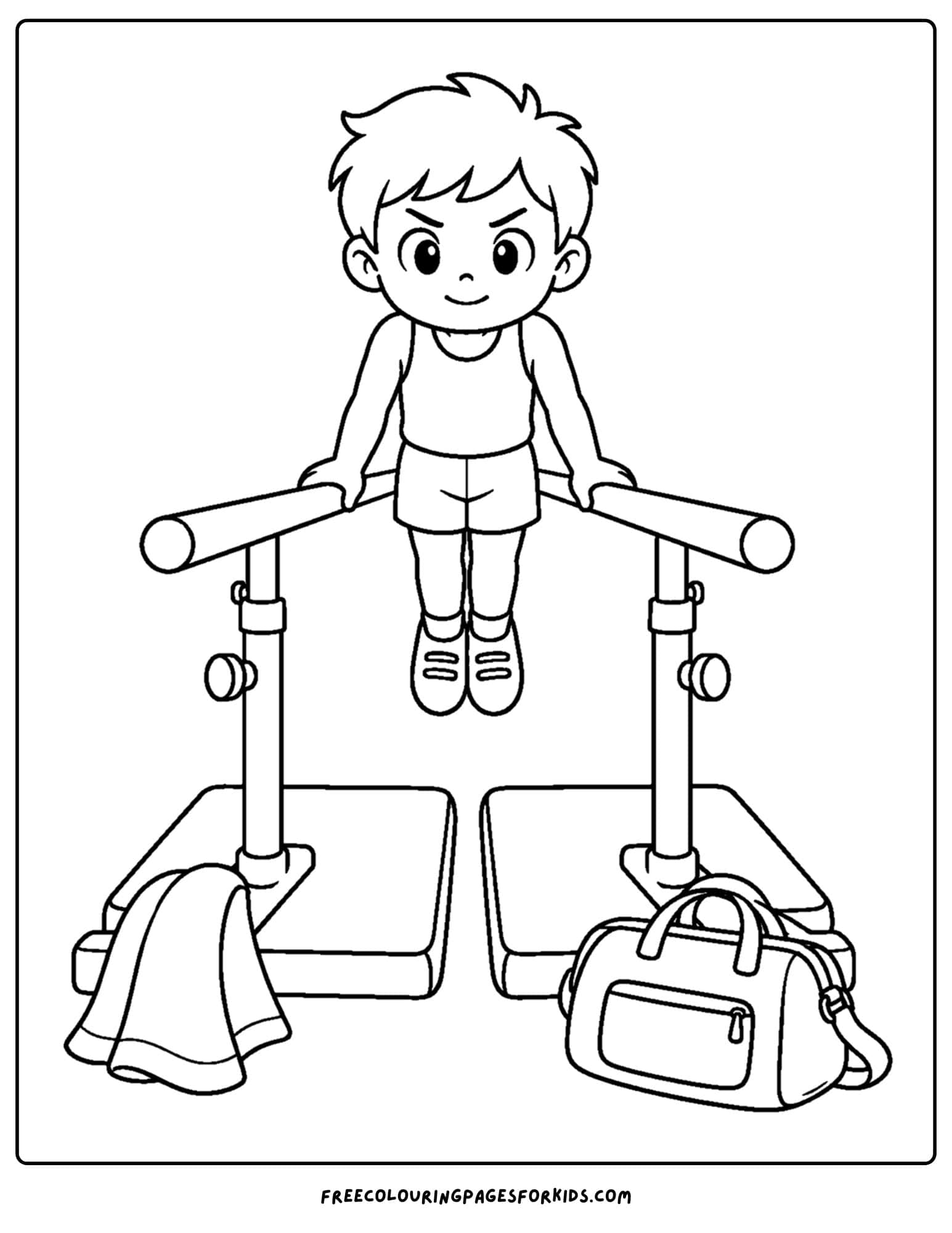 a gymnastics coloring page showing a gymnast on the parallel bars