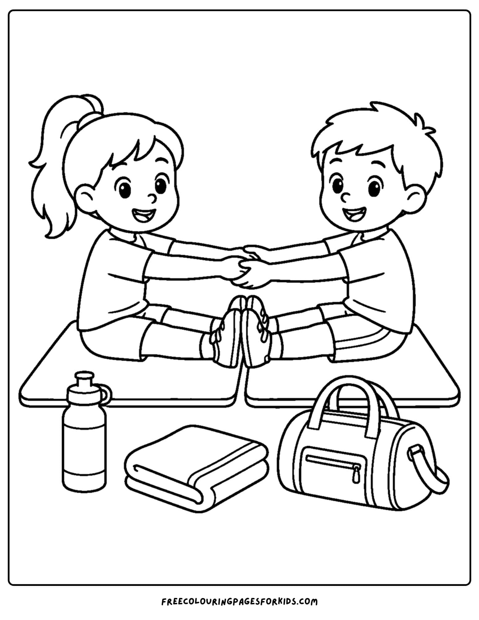 a gymnastics coloring page showing a gymnast stretching with a partner