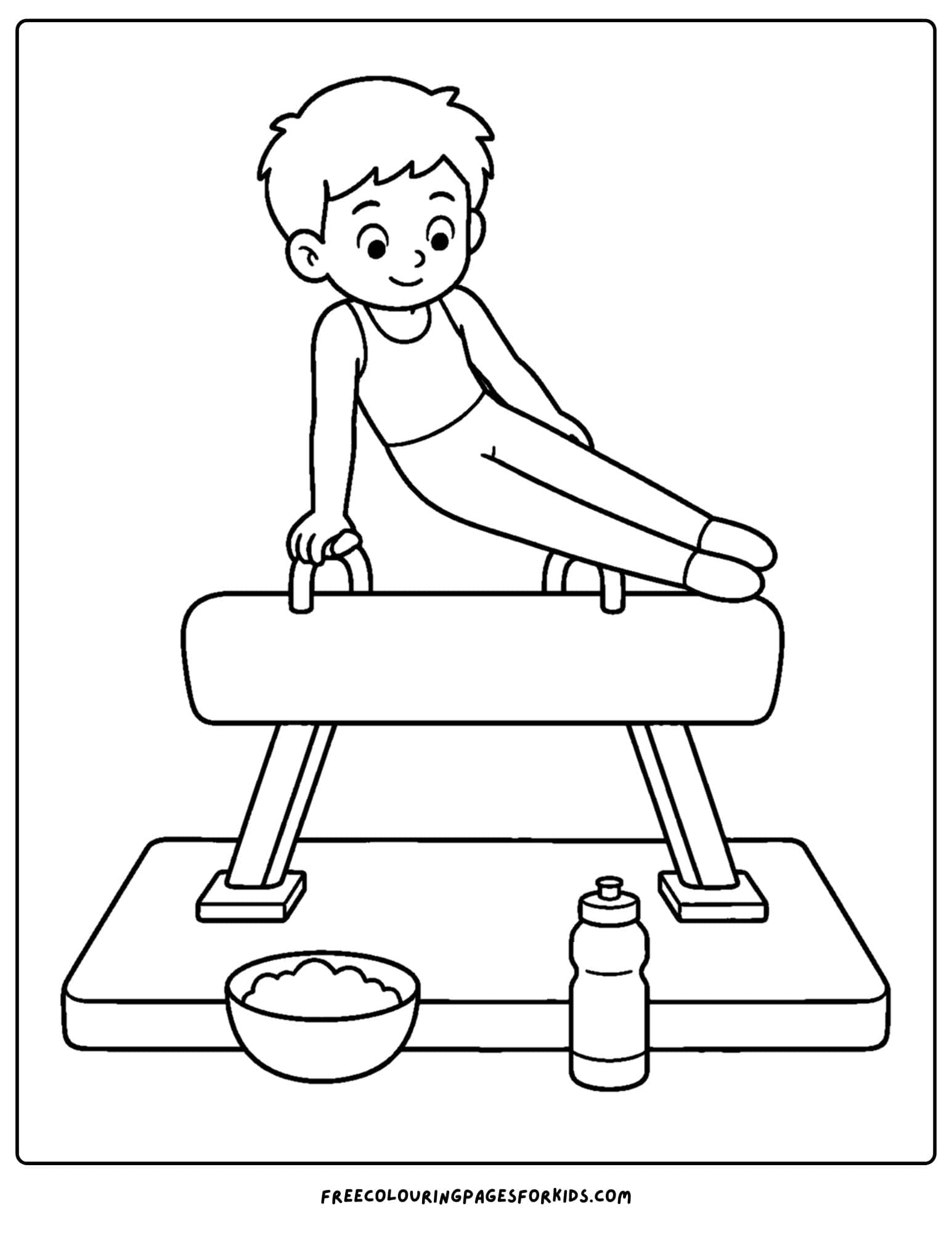 a gymnastics coloring page showing a gymnast on the pommel horse
